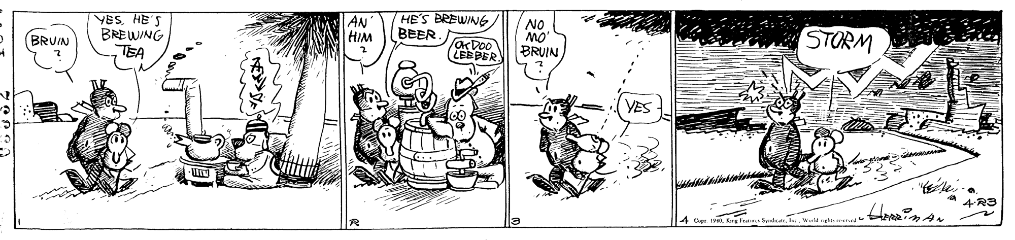 Illustration OCR: YES HE'S BREWING TEA AN HIM HE'S BREWING BEER NO MO BRUIN BRUIN OKDOO LEBBER STORM YES 4R3 HRMAN Cp 1King Teat fidear. YES HE'S BREWING TEA AN HIM HE'S BREWING BEER NO MO BRUIN BRUIN OKDOO LEBBER STORM YES 4R3 HRMAN Cp 1King Teat fidear.