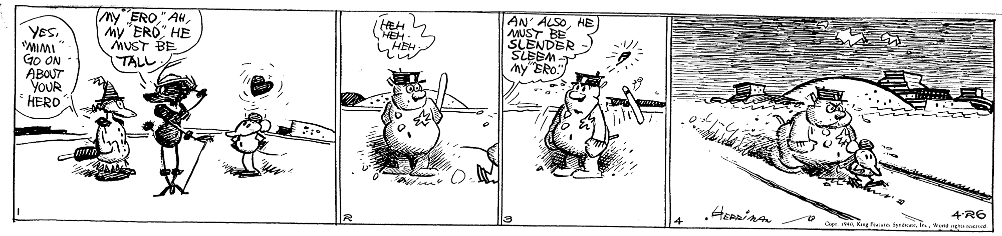 Illustration OCR: My EROmy ERO" HE MUST BE (TAL? AN' ALSOHE MUST BE SLENDER SLEEM my"ERO:" HEH LHEH YES "MIMI GO ON ABOUT YOUR * HERO 4 R6 Copt. eand tened My ERO" AHmy ERO" HE MUST BE ( TAL ? AN' ALSOHE MUST BE SLENDER SLEEM my"ERO:" HEH LHEH YES "MIMI GO ON ABOUT YOUR * HERO 4 R6 Copt. eKing fa spair. Inand tened