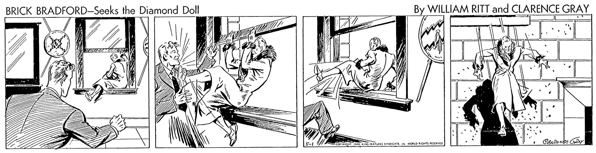 Fictional character OCR: BRICK BRADFORD-Seeks the Diamond Doll By WILLIAM RITT and CLARENCE GRAY WORLO AIOHTS RVED BRICK BRADFORD-Seeks the Diamond Doll By WILLIAM RITT and CLARENCE GRAY WORLO AIOHTS RVED