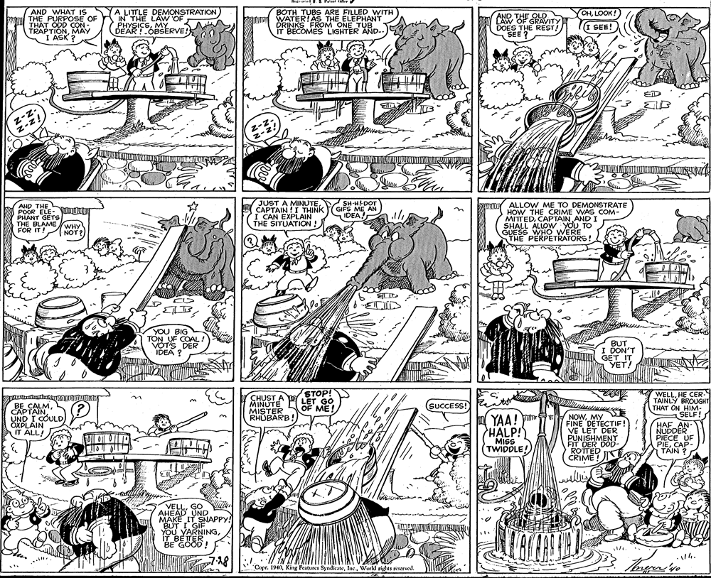 Monochrome OCR: 3. Paen Intre AND WHAT IS THE PURPOSE OF ODD CON- TRAPTIONMAY I ASK ? A LITTLE DEMONSTRATION IN THE LAW OF PHYSICSMY DEAR !.OBSERVE! BOTH TUBS ARE FILLED WITH m WATER!AS THE ELEPHANT ÖRINKS FROM ONE TUB IT BECOMES LIGHTER AND.. OHLOOK! AND THE OLD LAW OF GRAVITY DOES THE REST/ SEE ? I SEE! z- AND THE POOR ELE- Yiru PHANT GETS THE BLAMEWHY FOR IT! JUST A MINUTEI CAPTAIN ! I THINK I CAN EXPLAIN THE SITUATION ! SH-H DOT GIFS ME AN IDEA! ALLOW ME TO DEMONSTRATE HOW THE CRIME WAS COM- MITTEDCAPTAIN AND I SHALL ALLOW YOU TO GUESS WHO WERE THE PERPETRATORS! NOT ? B. ECID YOU BIG TON UF COAL! VOTS DER IDEA ? BUT I DON'T GET IT YET! STOP! WELLHE CER. TAINLY BROUGHT THAT ON HIM: SELF! HAF AN- NUDDER PIECE UF PIECAP- TAIN ? CHUST A LET GO MINUTE MISTER RHUBARB! SUCCESS! BE CALMUND I COULD OXPLAIN IT ALL! OF ME! NOWMY FINE DETECTIF! VE LET DER PUNISHMENT FIT DER DOD- ROTTED T CRIME!N Y YAA! HALP! MISS (TWIDDLE! VELLGO AHEAD UND MAKE IT SNAPPY! BUT ! GIF YOU YARNINGIT BETER BE GOOD ! Copr. 1940World rights reserved. 3. Paen Intre AND WHAT IS THE PURPOSE OF ODD CON- TRAPTIONMAY I ASK ? A LITTLE DEMONSTRATION IN THE LAW OF PHYSICSMY DEAR !.OBSERVE! BOTH TUBS ARE FILLED WITH m WATER!AS THE ELEPHANT ÖRINKS FROM ONE TUB IT BECOMES LIGHTER AND.. OHLOOK! AND THE OLD LAW OF GRAVITY DOES THE REST/ SEE ? I SEE! z- AND THE POOR ELE- Yiru PHANT GETS THE BLAMEWHY FOR IT! JUST A MINUTEI CAPTAIN ! I THINK I CAN EXPLAIN THE SITUATION ! SH-H DOT GIFS ME AN IDEA! ALLOW ME TO DEMONSTRATE HOW THE CRIME WAS COM- MITTEDCAPTAIN AND I SHALL ALLOW YOU TO GUESS WHO WERE THE PERPETRATORS! NOT ? B. ECID YOU BIG TON UF COAL! VOTS DER IDEA ? BUT I DON'T GET IT YET! STOP! WELLHE CER. TAINLY BROUGHT THAT ON HIM: SELF! HAF AN- NUDDER PIECE UF PIECAP- TAIN ? CHUST A LET GO MINUTE MISTER RHUBARB! SUCCESS! BE CALMUND I COULD OXPLAIN IT ALL! OF ME! NOWMY FINE DETECTIF! VE LET DER PUNISHMENT FIT DER DOD- ROTTED T CRIME!N Y YAA! HALP! MISS (TWIDDLE! VELLGO AHEAD UND MAKE IT SNAPPY! BUT ! GIF YOU YARNINGIT BETER BE GOOD ! Copr. 1940King Features SyndicateWorld rights reserved.