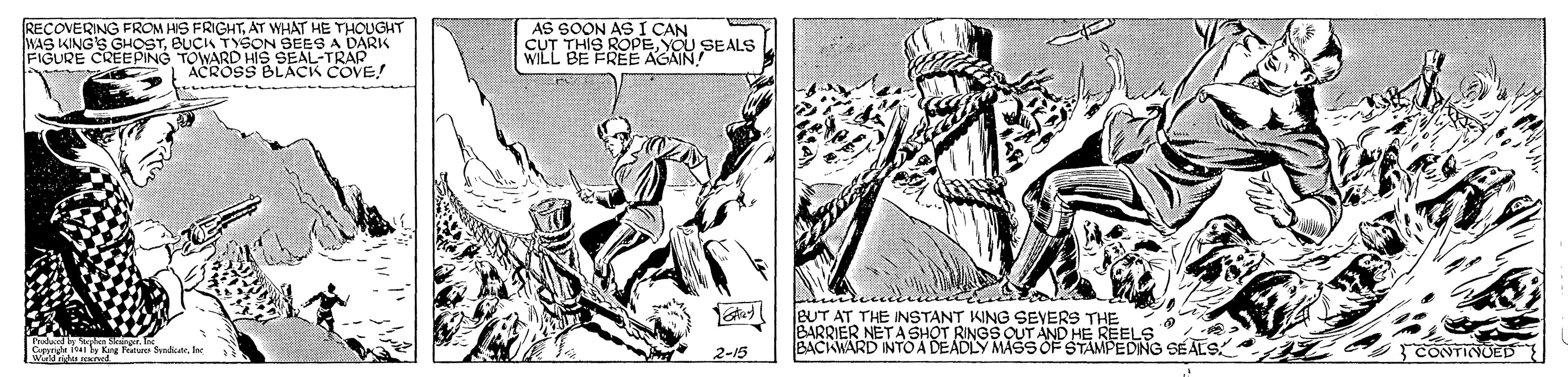 Illustration OCR: RECOVERING FROM HIS FRIGHTAT WHAT HE THOUGHT WAS KING'S GHOSTBUCK TYSON SEES A DARIK FIGURE CREEPING TOWARD HIS SEAL-TRAP ACROSS BLACK COVE! AS SOON AS I CAN CUT THIS ROPEYOU SEALS WILL BE FREE AGAIN! BUT AT THE INSTANT KING SEVERS THEa BARRIER NET A SHOT RINGS QUT AND HE R BACKWARD NTO A DEADLY MAŠSOF STAMPEDING SEALS Capprie i lI 2-15 CONTINUELS RECOVERING FROM HIS FRIGHTAT WHAT HE THOUGHT WAS KING'S GHOSTBUCK TYSON SEES A DARIK FIGURE CREEPING TOWARD HIS SEAL-TRAP ACROSS BLACK COVE! AS SOON AS I CAN CUT THIS ROPEYOU SEALS WILL BE FREE AGAIN! BUT AT THE INSTANT KING SEVERS THEa BARRIER NET A SHOT RINGS QUT AND HE R BACKWARD NTO A DEADLY MAŠSOF STAMPEDING SEALS Capprie i lkng F SendiI 2-15 CONTINUELS