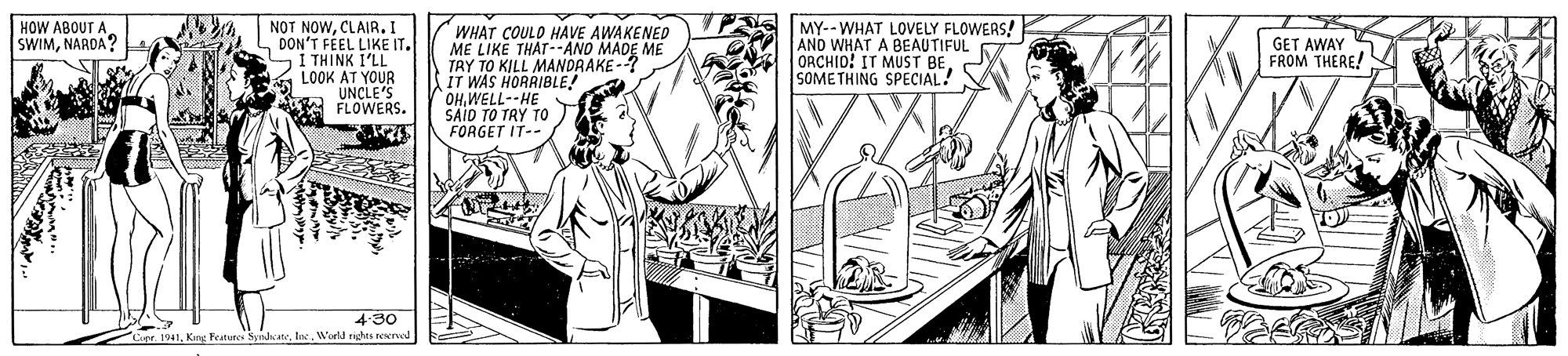 Sleeve OCR: HOW ABOUT A SWIMNARDA? NOT NOWCLAIR. I DON'T FEEL LIKE IT. WHAT COULD HAVE AWAKENED ME LIKE THAT--AND MADE ME TRY TO KILL MANDRAKE -? IT WAS HORRIBLE! OH.WELL--HE SAID TO TRY TO FORGET IT-- MY--WHAT LOVELY FLOWERS! AND WHAT A BEAUTIFUL ORCHID! IT MUST BESOMETHING SPECIAL! GET AWAY FROM THERE! ! THINK K I'LL LOOK AT YOUR UNCLE'S FLOWERS. 4-30 41hae. World richS Ien HOW ABOUT A SWIMNARDA? NOT NOWCLAIR. I DON'T FEEL LIKE IT. WHAT COULD HAVE AWAKENED ME LIKE THAT--AND MADE ME TRY TO KILL MANDRAKE -? IT WAS HORRIBLE! OH.WELL--HE SAID TO TRY TO FORGET IT-- MY--WHAT LOVELY FLOWERS! AND WHAT A BEAUTIFUL ORCHID! IT MUST BESOMETHING SPECIAL! GET AWAY FROM THERE! ! THINK K I'LL LOOK AT YOUR UNCLE'S FLOWERS. 4-30 41King Featur Sndcatehae. World richS Ien