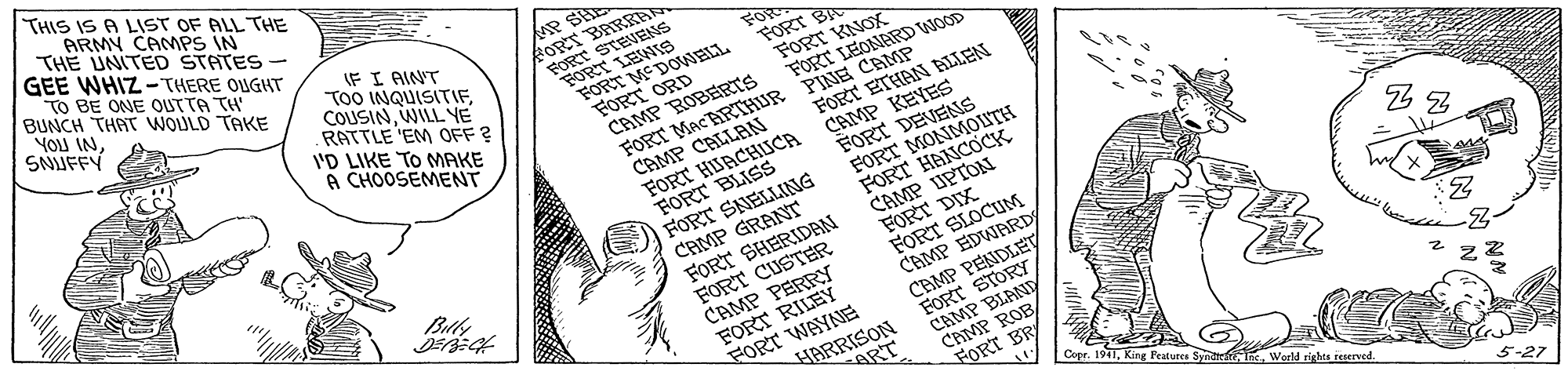 Fictional character OCR: THIS IS A LIST OF ALL THE ARMY CAMPS IN THE UNITED STATES- GEE WHIZ-THERE OUGHT TO BE ONE OUTTA TH BUNCH THAT WOULD TAKE YOU IN SNIUFFY IF I AIN'T TOO INQUISITIFWILLYE RATTLE 'EM OFF ? I'D LIKE TO MAKE A CHOOSEMENT BARRA FO FORT BA FORT KNOX FORT LEONARD WOOD PINE CAMP FORT ETHAN AILLEN KEYES CAMP HORT DEVENS FOR M FORT FORT DIX FORT SLOCUM CAMP EDWARDS PENDLEV STORY BLANY CAMP CAMP ROB/ FORT BR HARRISON ART Copr. 1911World rights reerved. 5-27 THIS IS A LIST OF ALL THE ARMY CAMPS IN THE UNITED STATES- GEE WHIZ-THERE OUGHT TO BE ONE OUTTA TH BUNCH THAT WOULD TAKE YOU IN SNIUFFY IF I AIN'T TOO INQUISITIFWILLYE RATTLE 'EM OFF ? I'D LIKE TO MAKE A CHOOSEMENT BARRA FO FORT BA FORT KNOX FORT LEONARD WOOD PINE CAMP FORT ETHAN AILLEN KEYES CAMP HORT DEVENS FOR M FORT FORT DIX FORT SLOCUM CAMP EDWARDS PENDLEV STORY BLANY CAMP CAMP ROB/ FORT BR HARRISON ART Copr. 1911King Peatures Synde InWorld rights reerved. 5-27