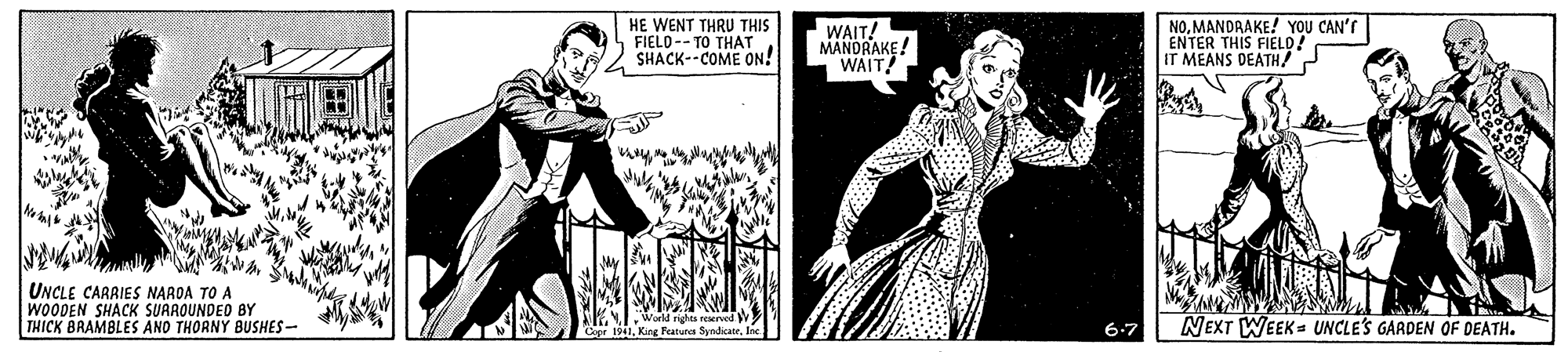 Fashion design OCR: HE WENT THRU THIS FIELD-- TO THAT SHACK--COME ON! WAIT! MANDRAKE ! WAIT! NOMANDRAKE! YOU CAN'S ENTER THIS FIELD/ IT MEANS DEATH! UNCLE CARRIES NAROA TO A WOODEN SHACK SURAOUNDEO BY THICK BRAMBLES ANO THORNY BUSHES- ta rerved Kior Fearuot Sandicas l NEXT WEEK = UNCLE'S GARDEN OF DEATH. 6.7 HE WENT THRU THIS FIELD-- TO THAT SHACK--COME ON! WAIT! MANDRAKE ! WAIT! NOMANDRAKE! YOU CAN'S ENTER THIS FIELD/ IT MEANS DEATH! UNCLE CARRIES NAROA TO A WOODEN SHACK SURAOUNDEO BY THICK BRAMBLES ANO THORNY BUSHES- ta rerved Kior Fearuot Sandicas l NEXT WEEK = UNCLE'S GARDEN OF DEATH. 6.7
