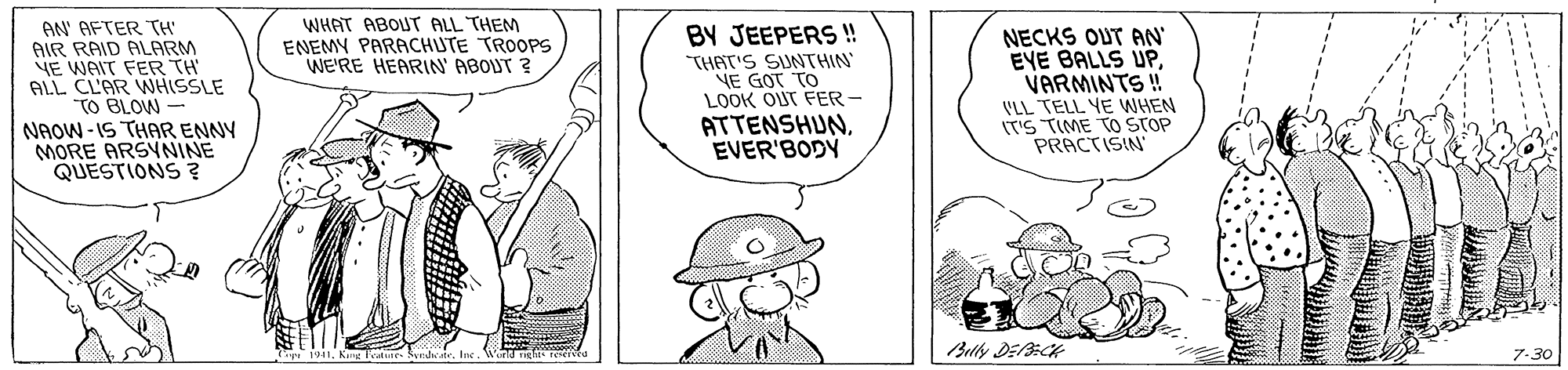 Gesture OCR: WHAT ABOUT ALL THEM ENEMY PARACHUTE TROOPS WE'RE HEARIN' ABOUT ? AN AFTER TH AIR RAID ALARM HE WAIT FER TH ALL CL'AR WHISSLE TO BLOW - NAOW -IS THAR ENNY MORE ARSVNINE QUESTIONS ? BY JEEPERS! THAT'S SUNTHIN NE GOT TO LOOK OUT FER- ATTENSHUNEVER'BODY NECKS OUT AN' EYE BALLS UPVARMINTS! VLL TELL YE WHEN T'S TIME TO STOP PRACTISIN WHAT ABOUT ALL THEM ENEMY PARACHUTE TROOPS WE'RE HEARIN' ABOUT ? AN AFTER TH AIR RAID ALARM HE WAIT FER TH ALL CL'AR WHISSLE TO BLOW - NAOW -IS THAR ENNY MORE ARSVNINE QUESTIONS ? BY JEEPERS! THAT'S SUNTHIN NE GOT TO LOOK OUT FER- ATTENSHUNEVER'BODY NECKS OUT AN' EYE BALLS UPVARMINTS! VLL TELL YE WHEN T'S TIME TO STOP PRACTISIN