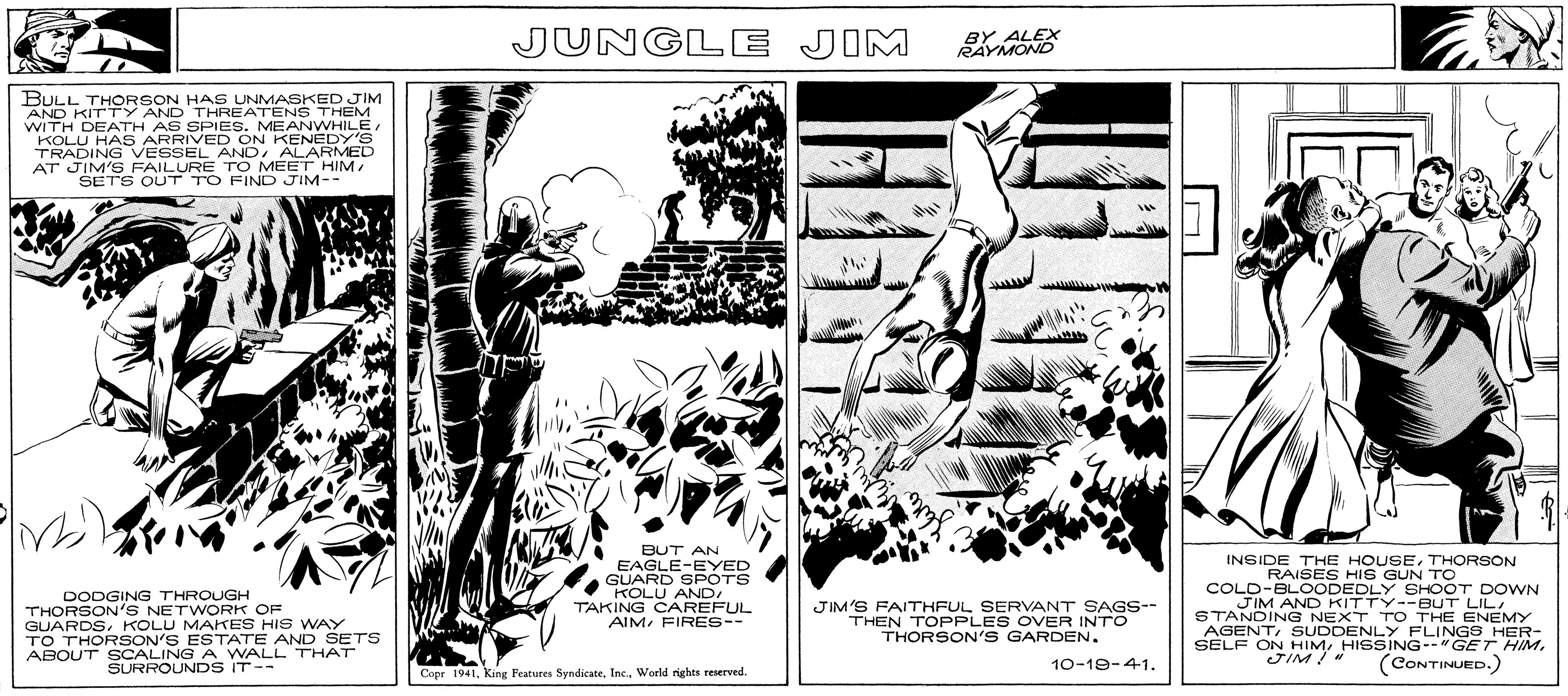 Rectangle OCR: BULL THORSON HAS UNMASKED JIM AND KITTY AND THREATENS THEM WITH DEATH AS SPIES. MEANWHILEKOLU HAS ARRIVED ON KENEDY'S TRADING VESSEL ANDALARMED AT JIM'S FAILURE TO MEET HIM/ SETS OUT TO FIND JIM-- Z DODGING THROUGH THORSON'S NETWORK OF GUARDSKOLU MAKES HIS WAY TO THORSON'S ESTATE AND SETS ABOUT SCALING A WALL THAT SURROUNDS IT-- JUNGLE JIM BUT AN EAGLE-EYED GUARD SPOTS KOLU AND/ TAKING CAREFUL AIM FIRES-- Copr 1941World rights reserved. BY ALEX RAYMOND JAN JIM'S FAITHFUL SERVANT SAGS-- THEN TOPPLES OVER INTO THORSON'S GARDEN. 10-19-41. INSIDE THE HOUSETHORSON RAISES HIS GUN TO COLD-BLOODEDLY SHOOT DOWN JIM AND KITTY--BUT LIL/ STANDING NEXT TO THE ENEMY AGENTSUDDENLY FLINGS HER- SELF ON HIMJIM!" (CONTINUED.) BULL THORSON HAS UNMASKED JIM AND KITTY AND THREATENS THEM WITH DEATH AS SPIES . MEANWHILEKOLU HAS ARRIVED ON KENEDY'S TRADING VESSEL ANDALARMED AT JIM'S FAILURE TO MEET HIM / SETS OUT TO FIND JIM- Z DODGING THROUGH THORSON'S NETWORK OF GUARDSKOLU MAKES HIS WAY TO THORSON'S ESTATE AND SETS ABOUT SCALING A WALL THAT SURROUNDS IT- JUNGLE JIM BUT AN EAGLE - EYED GUARD SPOTS KOLU AND / TAKING CAREFUL AIM FIRES- Copr 1941King Features SyndicateWorld rights reserved . BY ALEX RAYMOND JAN JIM'S FAITHFUL SERVANT SAGS- THEN TOPPLES OVER INTO THORSON'S GARDEN . 10-19-41 . INSIDE THE HOUSETHORSON RAISES HIS GUN TO COLD - BLOODEDLY SHOOT DOWN JIM AND KITTY -- BUT LIL / STANDING NEXT TO THE ENEMY AGENTSUDDENLY FLINGS HER SELF ON HIMHISSING -- " GET HIMJIM ! " ( CONTINUED . )