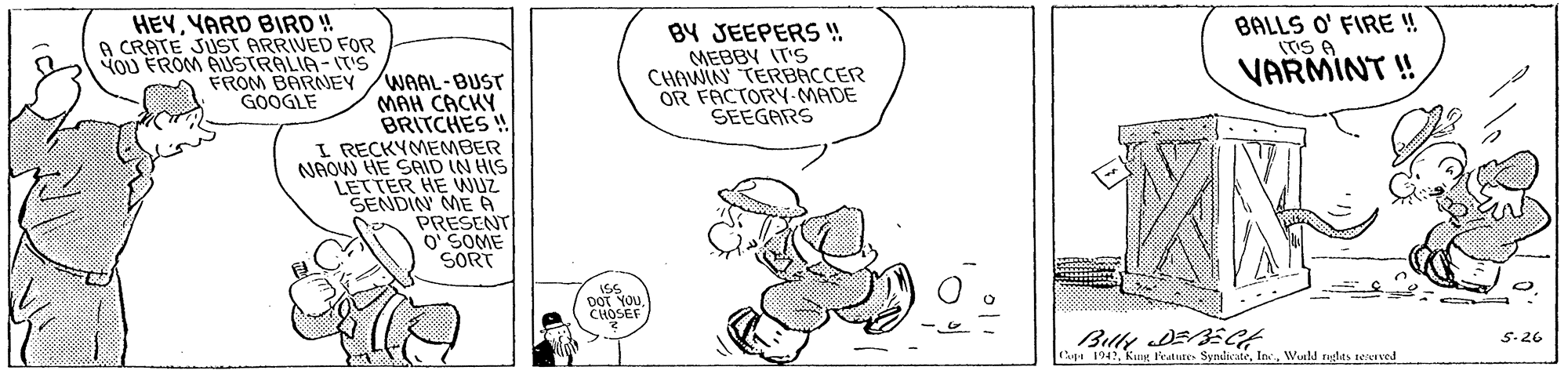 Illustration OCR: HEYYARD BIRD ! A CRATE SUST ARRIVED FOR HOU FROM AUSTRALIA- ITIS BALLS O' FIRE ! BY JEEPERS ! MEBBY IT'S CHAWIN TERBACCER OR FACTORY-MADE SEEGARS VARMINT ! FROM BARNEY /WAAL-BUST MAH CACKY BRITCHES ! I RECKYMEMBER NAOW HE SAID IN HIS LETTER HE WUZ SENDIN MEA PRESENT O' SOME SORT GOOGLE DOT You CHOSEF 5-26 C 1942In. Wuald riglts seerved HEYYARD BIRD ! A CRATE SUST ARRIVED FOR HOU FROM AUSTRALIA- ITIS BALLS O' FIRE ! BY JEEPERS ! MEBBY IT'S CHAWIN TERBACCER OR FACTORY-MADE SEEGARS VARMINT ! FROM BARNEY /WAAL-BUST MAH CACKY BRITCHES ! I RECKYMEMBER NAOW HE SAID IN HIS LETTER HE WUZ SENDIN MEA PRESENT O' SOME SORT GOOGLE DOT You CHOSEF 5-26 C 1942KuIM eature SyndicateIn. Wuald riglts seerved