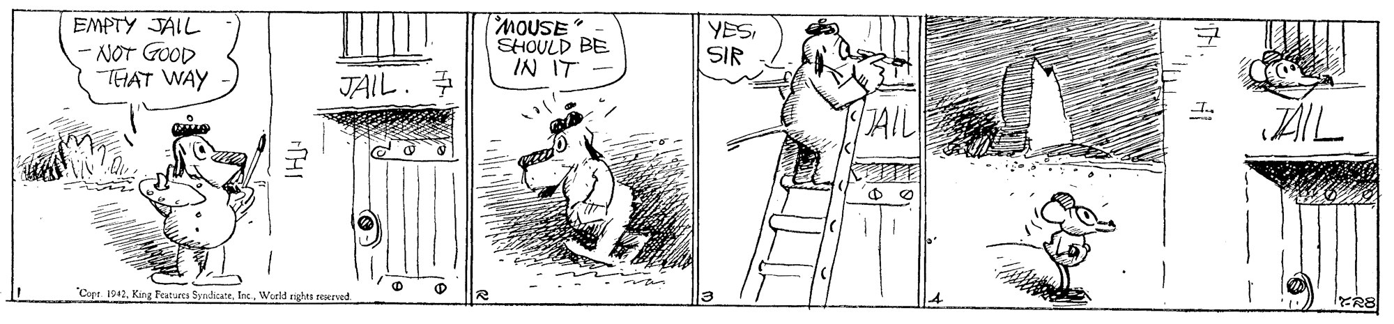 Parallel OCR: EMPTY JAIL NOT GOOD TEIAT WAY MOUSE SHOULD BE IN IT YESSIR JAIL. JAIL ZIL "Copt. 1942World nghts reurved. ER8 EMPTY JAIL NOT GOOD TEIAT WAY MOUSE SHOULD BE IN IT YESSIR JAIL. JAIL ZIL "Copt. 1942King Peatures SyndicateWorld nghts reurved. ER8