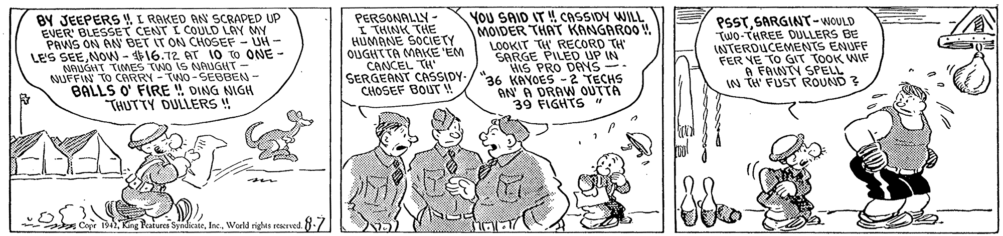 Illustration OCR: BY JEEPERS I RAKED AN SCRAPED UP EVER' BLESSET CENT I COULD LAY MY PAWS ON AN BET IT ON CHOSEF - UH - LE'S SEENOW - 16.12 AT 10 To ONE - NAUGHT TIMES TWO IS NAUGHT - NUFFIN TO CARRY -TWO-SEBBEN - BALLS O' FIRE ! DING NIGH THUTTY DULLERS ! YOU SAID IT ! CASSIDY WILL MOIDER THAT KANGAROO ! LOOKIT TH' RECORD TH SARGE PILED UP IN HIS PRO DANS - SERGEANT CASSIDY-/ "36 KAYOES - 2 TECHS AN A DRAW OUTTA 39 FIGHTS " PERSONALLY - I THINK THE HUMANE SOCIETY OUGHT TA MAKE 'EM CANCEL TH' PSSTSARGINT-WOULD Two-THREE DULLERS BE INTERDUCEMENTS ENUFF FER VE TO GIT TOOK WIF FAINTY SPELL IN TH FUST ROUND ? CHOSEF BOUT ! s Copr 1942World rights rescrved. 8:7 BY JEEPERS I RAKED AN SCRAPED UP EVER' BLESSET CENT I COULD LAY MY PAWS ON AN BET IT ON CHOSEF - UH - LE'S SEENOW - 16.12 AT 10 To ONE - NAUGHT TIMES TWO IS NAUGHT - NUFFIN TO CARRY -TWO-SEBBEN - BALLS O' FIRE ! DING NIGH THUTTY DULLERS ! YOU SAID IT ! CASSIDY WILL MOIDER THAT KANGAROO ! LOOKIT TH' RECORD TH SARGE PILED UP IN HIS PRO DANS - SERGEANT CASSIDY-/ "36 KAYOES - 2 TECHS AN A DRAW OUTTA 39 FIGHTS " PERSONALLY - I THINK THE HUMANE SOCIETY OUGHT TA MAKE 'EM CANCEL TH' PSSTSARGINT-WOULD Two-THREE DULLERS BE INTERDUCEMENTS ENUFF FER VE TO GIT TOOK WIF FAINTY SPELL IN TH FUST ROUND ? CHOSEF BOUT ! s Copr 1942King Peatures SyndicateWorld rights rescrved. 8:7