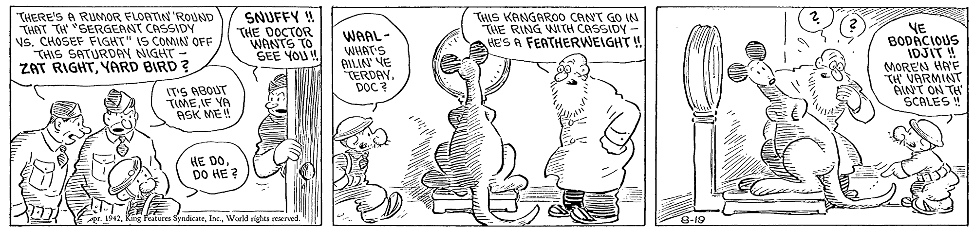 Human body OCR: THERE'S A RUMOR FLOATIN 'ROUND THAT TH "SERGEANT CASSIDY VS. CHOSEF FIGHT" IS COMIN OFF THIS SATURDAY NIGHT - ZAT RIGHTYARD BIRD ? SNUFFY ! THE DOCTOR WANTS TO SEE YOU ! THIS KANGARO0 CANT GO IN THE RING WLTH CASSIDY- He'S A FEATHERWEIGHT! VE BODACIOUS IDJIT! MOREN HA'E TH VARMINT GINT ON TH SCALES ! WAAL- WHAT'S AILIN' VE TERDAY. D?C ? IT'S ABOUT TIMEIF YA ASK ME! HE DODO HE ? pr. 1942World rights reserved. 8-19 THERE'S A RUMOR FLOATIN 'ROUND THAT TH "SERGEANT CASSIDY VS. CHOSEF FIGHT" IS COMIN OFF THIS SATURDAY NIGHT - ZAT RIGHTYARD BIRD ? SNUFFY ! THE DOCTOR WANTS TO SEE YOU ! THIS KANGARO0 CANT GO IN THE RING WLTH CASSIDY- He'S A FEATHERWEIGHT! VE BODACIOUS IDJIT! MOREN HA'E TH VARMINT GINT ON TH SCALES ! WAAL- WHAT'S AILIN' VE TERDAY. D?C ? IT'S ABOUT TIMEIF YA ASK ME! HE DODO HE ? pr. 1942King Features SyndicateWorld rights reserved. 8-19