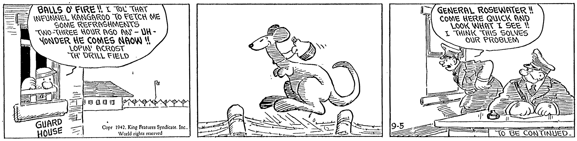 Working animal OCR: BALLS O' FIRE!I TOL THAT INFUNNEL KANGAROO TO FETCH ME SOME REFRASHMENTS TWO-THREE HOUR AGO AN- UH- YONDER HE COMES NAOW ! LOPIN' ACROST TH' DRILL FIELD GENERAL ROSEWATER ! COME HERE QUICK AND LOOK WHAT I SEE ! I THINK THIS SOLVES OUR PROBLEM GUARD HOUSE Copr 1942. King Features Syndicate. Inc. World rights reserved TO BE CONTINUED. BALLS O' FIRE!I TOL THAT INFUNNEL KANGAROO TO FETCH ME SOME REFRASHMENTS TWO-THREE HOUR AGO AN- UH- YONDER HE COMES NAOW ! LOPIN' ACROST TH' DRILL FIELD GENERAL ROSEWATER ! COME HERE QUICK AND LOOK WHAT I SEE ! I THINK THIS SOLVES OUR PROBLEM GUARD HOUSE Copr 1942. King Features Syndicate. Inc. World rights reserved TO BE CONTINUED.
