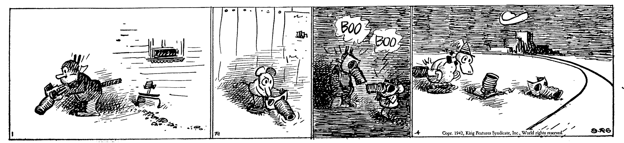 Line art OCR: BOO BOO 9R6 Copr. 1942World rights reNrved BOO BOO 9R6 Copr. 1942Kaig Featurea SyadicateWorld rights reNrved
