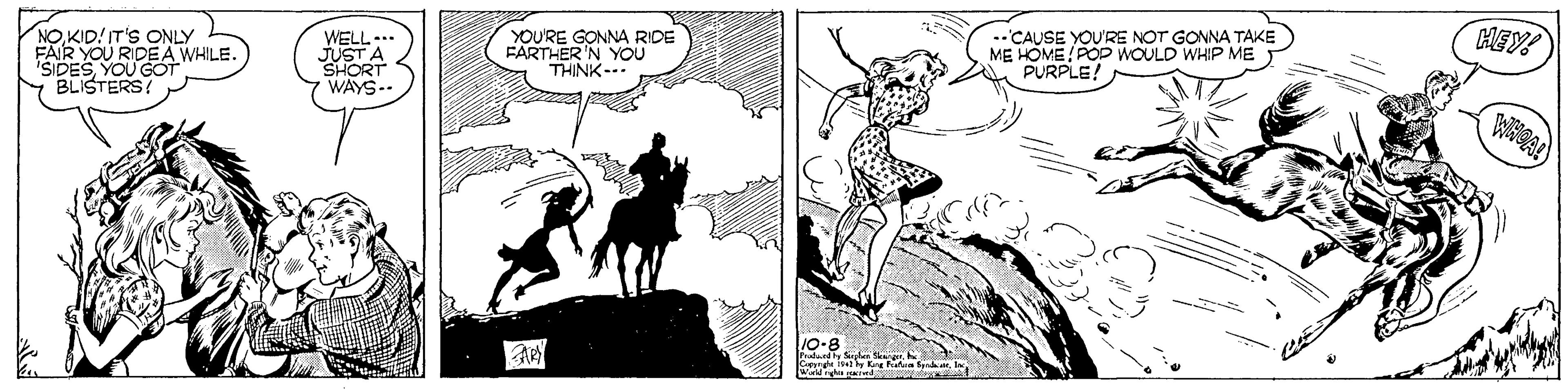 Monochrome OCR: HEY! NOKID! IT'S ONLY FAIR YOU RIDEA WHILE. SIDESYOU GOT BLISTERS! WELL. JUST A SHORT WAYS.. YOU'RE GONNA RIDE FARTHER 'N YOU THINK--- --CAUSE YOU'RE NOT GONNA TAKE ME HOME POP WOULD WHIP ME PURPLE! Cene Kang Prt fekrHEY! NOKID! IT'S ONLY FAIR YOU RIDEA WHILE. SIDESYOU GOT BLISTERS! WELL. JUST A SHORT WAYS.. YOU'RE GONNA RIDE FARTHER 'N YOU THINK--- --CAUSE YOU'RE NOT GONNA TAKE ME HOME POP WOULD WHIP ME PURPLE! Cene Kang Prt fekr