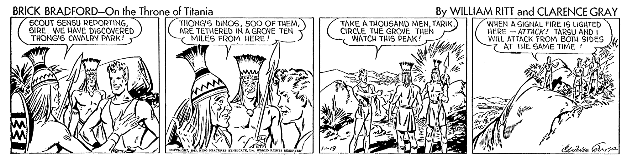 Monochrome OCR: By WILLIAM RITT and CLARENCE GRAY BRICK BRADFORD-On the Throne of Titania SCOUT SENSU REPORTINGSIRE. WE HAVE DISCOVERED THONG'6 CAVALRY PARK! THONG'S DINOSARE TETHERED IN A GROVE TEN MILES FROM HERE. TAKE A THOUSAND MENTARIK. CIRCLE THE GROVE. THEN WATCH THIS PEAK! WHEN A SIGNAL FIRE 1S LIGHTED HERE - ATTACK! TARSU AND WILL ATTACK FROM BOTH SIDES THE SAME TIME RATURER -19 EEKRVED ? By WILLIAM RITT and CLARENCE GRAY BRICK BRADFORD-On the Throne of Titania SCOUT SENSU REPORTINGSIRE. WE HAVE DISCOVERED THONG'6 CAVALRY PARK! THONG'S DINOS500 OF THEMARE TETHERED IN A GROVE TEN MILES FROM HERE. TAKE A THOUSAND MENTARIK. CIRCLE THE GROVE. THEN WATCH THIS PEAK! WHEN A SIGNAL FIRE 1S LIGHTED HERE - ATTACK! TARSU AND WILL ATTACK FROM BOTH SIDES THE SAME TIME RATURER -19 EEKRVED ?
