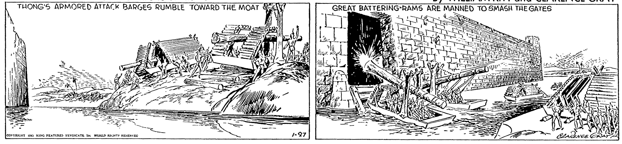Plant OCR: TH?NG'S APMORED ATTACK BARGES RUMBLE TOWARD THE MOAT GREAT BATTERING-RAMS ARE MANNED TO SMASH THE GATES coPYRIGn KING FEATURES SYNDICATE I WOLD HTS RDEKKE 1-97 TH?NG'S APMORED ATTACK BARGES RUMBLE TOWARD THE MOAT GREAT BATTERING-RAMS ARE MANNED TO SMASH THE GATES coPYRIGn KING FEATURES SYNDICATE I WOLD HTS RDEKKE 1-97