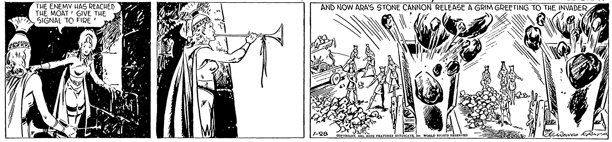 Bow OCR: THE ENEMV HAS REACHED THE MOAT' GIVE THE SIGNAL TO FIRE AND NOW ARAS STONE CANNON RELEASE A GRIM GREETING TO THE INVADER 1-28 FEATURES aTICATR WuD IGHTS REERVE THE ENEMV HAS REACHED THE MOAT' GIVE THE SIGNAL TO FIRE AND NOW ARAS STONE CANNON RELEASE A GRIM GREETING TO THE INVADER 1-28 FEATURES aTICATR WuD IGHTS REERVE