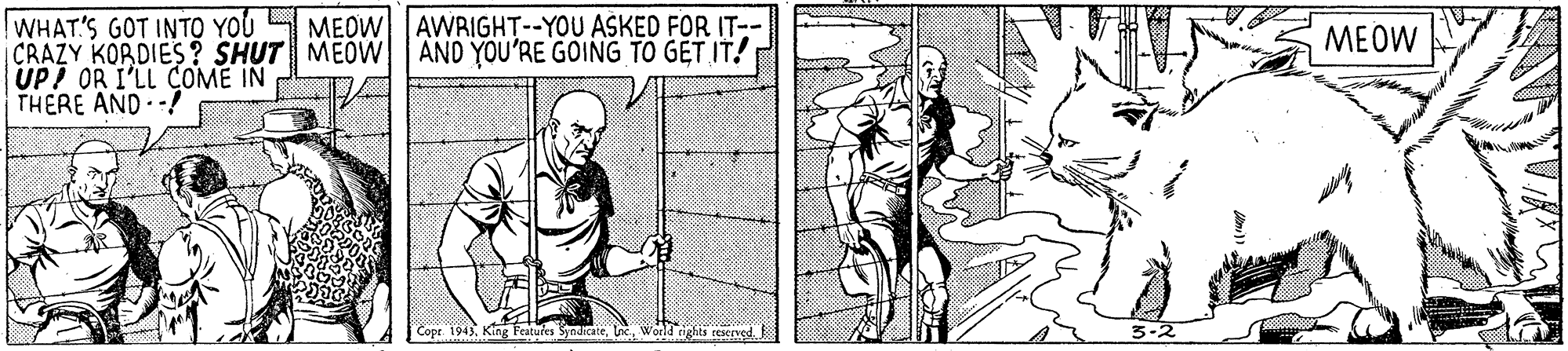 Illustration OCR: WHAT'S GOT INTO YOU MEDW AWRIGHT--YOU ASKED FOR IT-- CRAZY KORDIES? SHUT MEOW AND YOU'RE GOING TO GET IT! UP? OR I'LL COME IN THERE AND -! MEOW Copr 1943World cights ee WHAT'S GOT INTO YOU MEDW AWRIGHT--YOU ASKED FOR IT-- CRAZY KORDIES? SHUT MEOW AND YOU'RE GOING TO GET IT! UP? OR I'LL COME IN THERE AND -! MEOW Copr 1943King Featutes SyndicateWorld cights ee