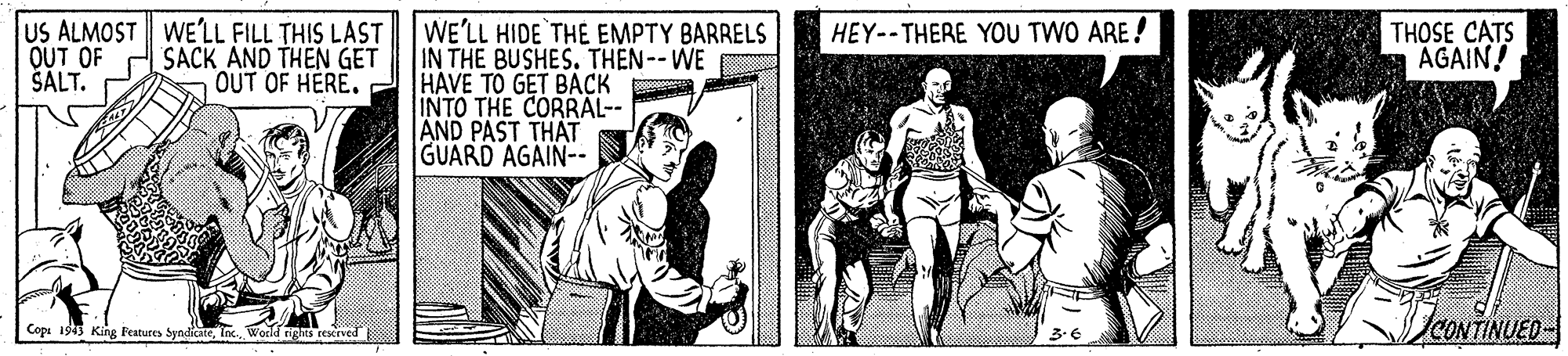 Newspaper OCR: US ALMOST WE'LL FILL THIS LAST OUT OF ŠALT. WE'LL HIDE THE EMPTY BARRELS IN THE BUSHES. THEN--WE HAVE TO GET BACK INTO THE CORRAL-- AND PAST THAT GUARD AGAIN-- SACK AND THEN GET OUT OF HERE. HEY--THERE YOU TWO ARE! THOSE CATS AGAIN! DcONTINUED Cop 1945 King Features SyndicateInc. World igMS rescrved US ALMOST WE'LL FILL THIS LAST OUT OF ŠALT. WE'LL HIDE THE EMPTY BARRELS IN THE BUSHES. THEN--WE HAVE TO GET BACK INTO THE CORRAL-- AND PAST THAT GUARD AGAIN-- SACK AND THEN GET OUT OF HERE. HEY--THERE YOU TWO ARE! THOSE CATS AGAIN! DcONTINUED Cop 1945 King Features SyndicateInc. World igMS rescrved