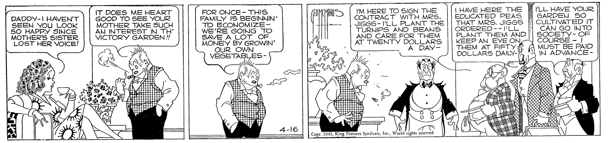 Comic book OCR: I'LL HAVE YOUR GARDEN SO CULTIVATED IT CAN GO INTO I'M HERE TO SIGN THE CONTRACT WITH MRs. JIGGS-I'LL PLANT THE TURNIPS AND BEANS AND CARE FOR THEM AT TWENTY DOLLARS A DAY- I HAVE HERE THE EDUCATED PEAS THAT MRS. JIGGS ORDERED -- I'LL PLANT THEM AND SOCIETY-OE KEEP AN EYE ONTHEM AT FIFTY DOLLARS DAILY-W 3 IN ADVANCE- EOYAYANUS DADDY-I HAVEN'T SEEN YOU LOOK SO HAPPY SINCE MOTHER'S SISTER LOST HER VOICE! IT DOES ME HEART GOOD TO SEE YOUR MOTHER TAKE SUCH AN INTEREST IN TH VICTORY GARDEN! FOR ONCE - THIS FAMILY IS BEGINNIN' TO ECONOMIZE- WE'RE GOING TO SAVE A LOT OF MONEY BY GROWIN' OUR OWN VEGETABLES- COURSE -T MUST BE PAID 4-16 Cope. 1943World rights reserved. I'LL HAVE YOUR GARDEN SO CULTIVATED IT CAN GO INTO I'M HERE TO SIGN THE CONTRACT WITH MRs. JIGGS-I'LL PLANT THE TURNIPS AND BEANS AND CARE FOR THEM AT TWENTY DOLLARS A DAY- I HAVE HERE THE EDUCATED PEAS THAT MRS. JIGGS ORDERED -- I'LL PLANT THEM AND SOCIETY-OE KEEP AN EYE ONTHEM AT FIFTY DOLLARS DAILY-W 3 IN ADVANCE- EOYAYANUS DADDY-I HAVEN'T SEEN YOU LOOK SO HAPPY SINCE MOTHER'S SISTER LOST HER VOICE! IT DOES ME HEART GOOD TO SEE YOUR MOTHER TAKE SUCH AN INTEREST IN TH VICTORY GARDEN! FOR ONCE - THIS FAMILY IS BEGINNIN' TO ECONOMIZE- WE'RE GOING TO SAVE A LOT OF MONEY BY GROWIN' OUR OWN VEGETABLES- COURSE -T MUST BE PAID 4-16 Cope. 1943King Features SyndicateWorld rights reserved.