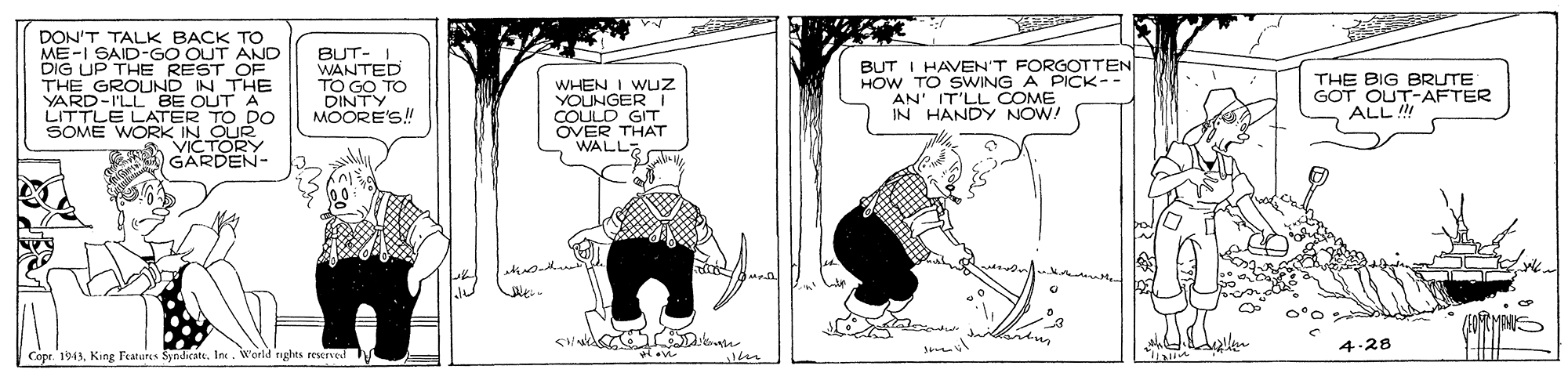 Art OCR: DON'T TALK BACK TO ME-I SAID-GO OUT AND DIG UP THE REST OF GROUND IN THE BUT- I WANTED TO GO TO DINTY MOORE'S! BUT I HAVEN'T FORGOTTEN HOW TO SWING A PICK-- AN' IT'LL COME IN HANDY NOW! WHEN I WUz YOUNGER I COULD GIT OVER THAT WALLE THE BIG BRUTE GOT OUT-AFTER ALL ! THED-ILL BE OUT A LITTLE LATER TO DO SOME WORK IN OUR VICTORY GARDEN- 4-28 Copr 1943King Features Syndcate. In. World nghts revered DON'T TALK BACK TO ME-I SAID-GO OUT AND DIG UP THE REST OF GROUND IN THE BUT- I WANTED TO GO TO DINTY MOORE'S! BUT I HAVEN'T FORGOTTEN HOW TO SWING A PICK-- AN' IT'LL COME IN HANDY NOW! WHEN I WUz YOUNGER I COULD GIT OVER THAT WALLE THE BIG BRUTE GOT OUT-AFTER ALL ! THED-ILL BE OUT A LITTLE LATER TO DO SOME WORK IN OUR VICTORY GARDEN- 4-28 Copr 1943King Features Syndcate. In. World nghts revered