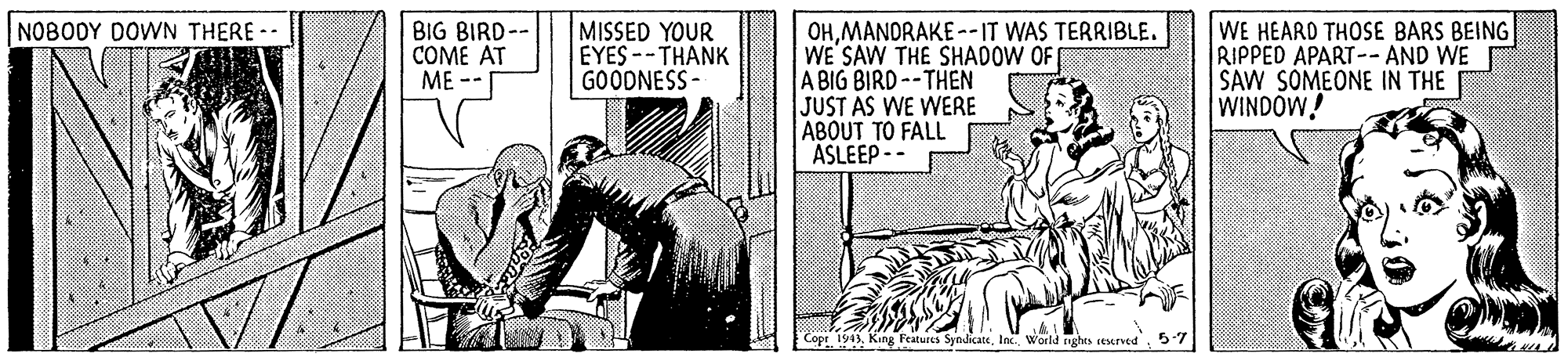 Fiction OCR: MISSED YOUR EYES --THANK GOODNESS - OHMANDRAKE --IT WAS TERRIBLE. WE'SAW THE SHADOW OF A BIG BIRD --THEN JUST AS WE WERE ABOUT TO FALL ASLEEP -- NOBODY DOWN THERE -- BIG BIRD-- COME AT ME -- WE HEARD THOSE BARS BEING RIPPED APART-- AND WE SAW SOMEONE IN THE WINDOW! Copr 1943World ights reserved MISSED YOUR EYES --THANK GOODNESS - OHMANDRAKE --IT WAS TERRIBLE. WE'SAW THE SHADOW OF A BIG BIRD --THEN JUST AS WE WERE ABOUT TO FALL ASLEEP -- NOBODY DOWN THERE -- BIG BIRD-- COME AT ME -- WE HEARD THOSE BARS BEING RIPPED APART-- AND WE SAW SOMEONE IN THE WINDOW! Copr 1943King Features SyndicateWorld ights reserved