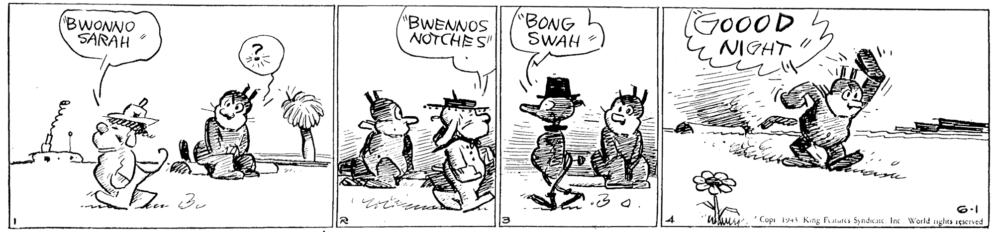 Illustration OCR: BWONNO SARAH "BWENNOS NOTCHES "BONG SWAH (GO0OD NIGHT LA 6.1 *Cope i9 King Fluris Syndsatc. In World ughts ieseved BWONNO SARAH "BWENNOS NOTCHES "BONG SWAH (GO0OD NIGHT LA 6.1 *Cope i9 King Fluris Syndsatc. In World ughts ieseved