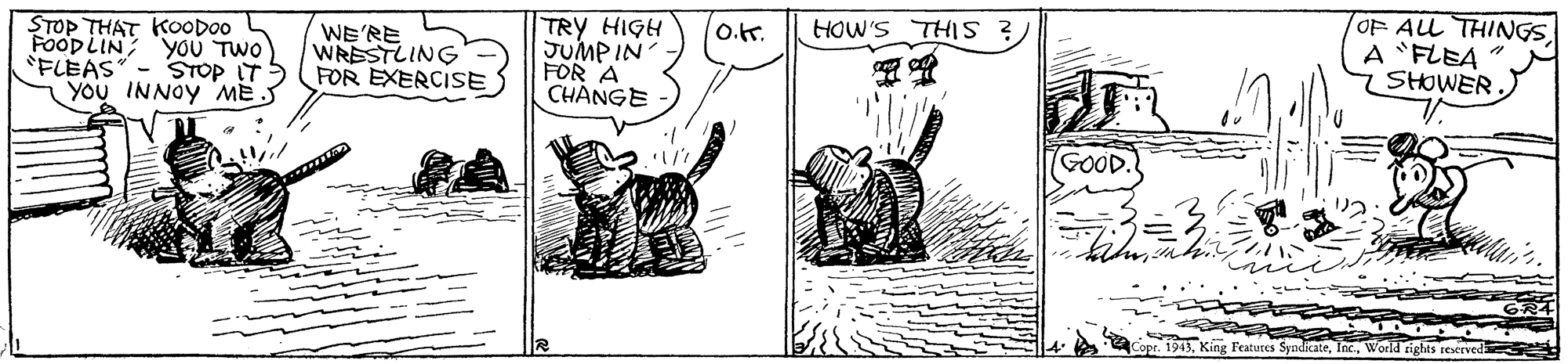 Drawing OCR: OF ALL THINGS A 'FLEA SHOWER HOW'S THI ? TRY HIGH JUMP IN FOR A CHÀNGE O.t. STOP THAT KOODO0 FOODLIN; YOU TWO FLEAS"- STOP ITS You INNOY ME. WE'RE WRESTLING FOR EXERCISE GOOD. Copr. 1943World rights reserved OF ALL THINGS A 'FLEA SHOWER HOW'S THI ? TRY HIGH JUMP IN FOR A CHÀNGE O.t. STOP THAT KOODO0 FOODLIN; YOU TWO FLEAS"- STOP ITS You INNOY ME. WE'RE WRESTLING FOR EXERCISE GOOD. Copr. 1943King Features SynditateWorld rights reserved