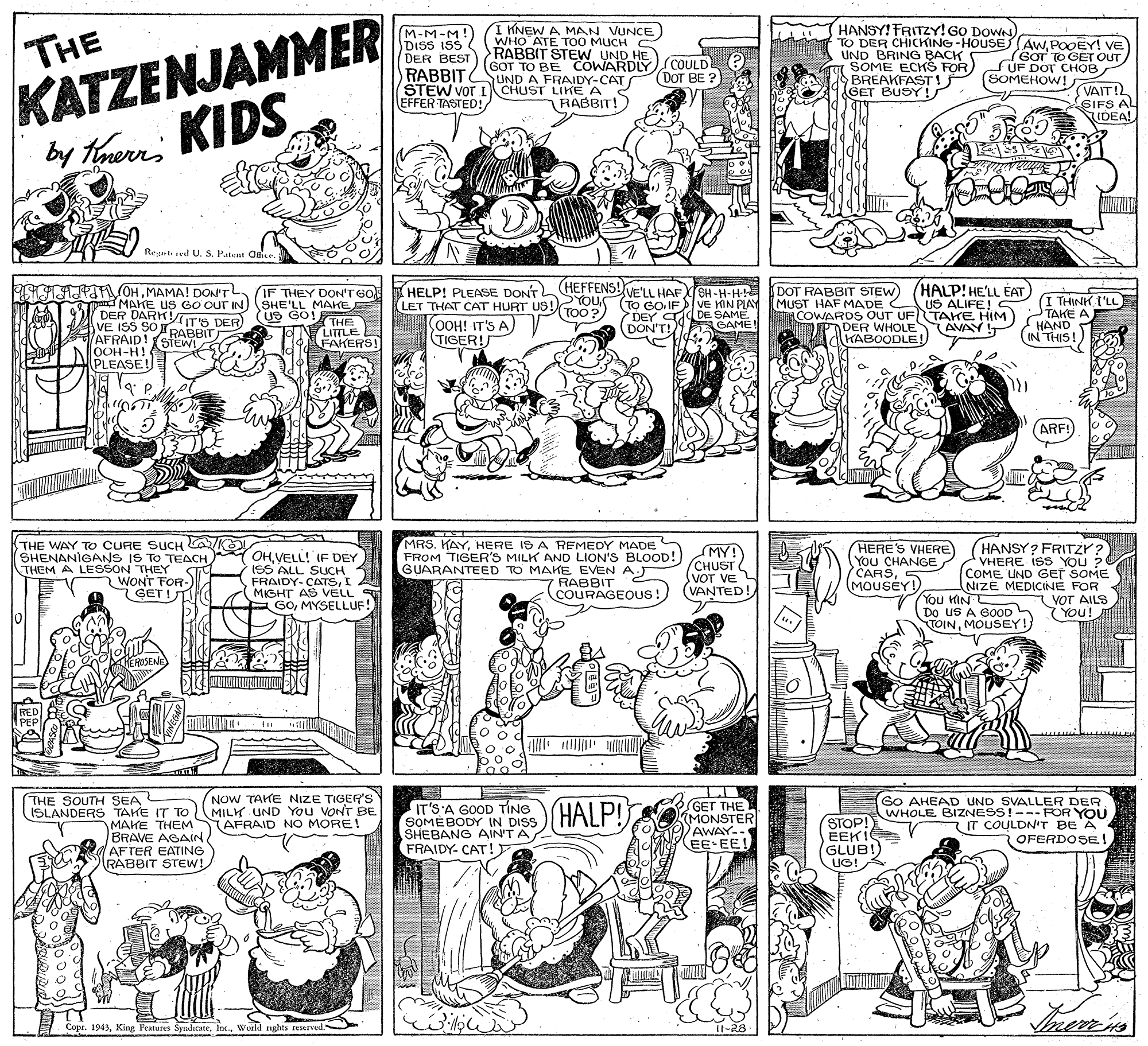 Mammal OCR: KATZENJAMMER KIDS by torerrs I HNEW A MAN VUNCE WHO ATE ToO MUCH RABBIT STEW UND HE (GOT TO BE COWARDLY/COULD HANSY! FRITrZY! GO DOWN TO DER CHICKING-HOUSE AWPOOEY! VE UND BRING BACK SOME ECKS FOR BREAKFAST! GET BUSY! A THE M-M-M! Diss ISS DER BEST RABBIT OUND ALIKE ACATS Gor TO GET OUT UF DOT CHOB SOMEHOW! DOT BE ? STEW VOT I CHUST EFFER TASTED!/ VAIT! SIFS AL IDEA! RABBIT! Regst ed U. S. Patent Oeice. IANIA OHMAMA! DONT IF THEY DON'T60 HELP! PLEASE DONT (HEFFENS!E'LL HAFX SH-H-H DOT RABBIT STEW) (HALP! HE'LL ÉAT I THINK ('LL TAKE A HAND IN THIS! US ALIFE! cr MAKE US GO OUT IN DER DARK! s DE (US GO SHE'LL MAKE. THE LITTLE FAKERS! LET THAT CAT HURT US TOU (TO GOIF VE KIN PLAY MUST HAF MADE C VE ISS SOI RABBIT AFRAID! OOH-H! PLEASE! OOH! IT'S A TIGER! TOO?) 7DEY CA DE SAME GAME! COWARDS OUT UF TAKrE HIM ADER WHOLE KABOODLE! DON'T! AVAY !T ARF! THE WAY TO CURE SUCH AKS SHENANIGANS IS TO TEACH THEM A LESSON THEY ST WONT FOR-). GET! OHVELL! IF DEY ISS ALL SUCH FRAIDY- CATSI MIGHT AS VELL GoMYSELLUF. MRS. KAYHERE IS A REMEDY MADE FROM TIGER'S MILK AND LION'S BLOOD! GUARANTEED TO MAKE EVEN AJ MY! CHUST VOT VE (VANTED! HERE'S VHERE You CHANGE CARS(MOUSEY!) (HANSY? FRITZY? VHERE ISS YOU ? COME UND GET SOME NIZE MEDICINE FOR 7 RABBIT COURAGEOUS!You KIN Do uS A G0OD TOINMOUSEY! VOT AILS You! ! EROSENE RED PEP NOW TAKE NIZE TIGER'S MILK UND You VONT BE (AFRAID NO MORE! THE SOUTH SEA ISLANDERS TAKE IT TO MAKE THEM BRAVE AGAIN AFTER EATING RABBIT STEW! IT'S'A GOOD TÍNG SOMÉBODY IN DISS SHEBANG AIN'T A FRAIDY- CAT! HALP! (GET THE (MONSTER 'AWAY-- EE EE! STOP! EEKI GLUB! UG! Go AHEAD UND SVALLER DER WHOLE BIZNESS!--- FOR YOU IT COULDN'T BE A OFERDOSE! Vmemis Copr. 1943World ughts reserved It-28 KATZENJAMMER KIDS by torerrs I HNEW A MAN VUNCE WHO ATE ToO MUCH RABBIT STEW UND HE (GOT TO BE COWARDLY/COULD HANSY! FRITrZY! GO DOWN TO DER CHICKING-HOUSE AWPOOEY! VE UND BRING BACK SOME ECKS FOR BREAKFAST! GET BUSY! A THE M-M-M! Diss ISS DER BEST RABBIT OUND ALIKE ACATS Gor TO GET OUT UF DOT CHOB SOMEHOW! DOT BE ? STEW VOT I CHUST EFFER TASTED!/ VAIT! SIFS AL IDEA! RABBIT! Regst ed U. S. Patent Oeice. IANIA OHMAMA! DONT IF THEY DON'T60 HELP! PLEASE DONT (HEFFENS!E'LL HAFX SH-H-H DOT RABBIT STEW) (HALP! HE'LL ÉAT I THINK ('LL TAKE A HAND IN THIS! US ALIFE! cr MAKE US GO OUT IN DER DARK! s DE (US GO SHE'LL MAKE. THE LITTLE FAKERS! LET THAT CAT HURT US TOU (TO GOIF VE KIN PLAY MUST HAF MADE C VE ISS SOI RABBIT AFRAID! OOH-H! PLEASE! OOH! IT'S A TIGER! TOO?) 7DEY CA DE SAME GAME! COWARDS OUT UF TAKrE HIM ADER WHOLE KABOODLE! DON'T! AVAY !T ARF! THE WAY TO CURE SUCH AKS SHENANIGANS IS TO TEACH THEM A LESSON THEY ST WONT FOR-). GET! OHVELL! IF DEY ISS ALL SUCH FRAIDY- CATSI MIGHT AS VELL GoMYSELLUF. MRS. KAYHERE IS A REMEDY MADE FROM TIGER'S MILK AND LION'S BLOOD! GUARANTEED TO MAKE EVEN AJ MY! CHUST VOT VE (VANTED! HERE'S VHERE You CHANGE CARS(MOUSEY!) (HANSY? FRITZY? VHERE ISS YOU ? COME UND GET SOME NIZE MEDICINE FOR 7 RABBIT COURAGEOUS!You KIN Do uS A G0OD TOINMOUSEY! VOT AILS You! ! EROSENE RED PEP NOW TAKE NIZE TIGER'S MILK UND You VONT BE (AFRAID NO MORE! THE SOUTH SEA ISLANDERS TAKE IT TO MAKE THEM BRAVE AGAIN AFTER EATING RABBIT STEW! IT'S'A GOOD TÍNG SOMÉBODY IN DISS SHEBANG AIN'T A FRAIDY- CAT! HALP! (GET THE (MONSTER 'AWAY-- EE EE! STOP! EEKI GLUB! UG! Go AHEAD UND SVALLER DER WHOLE BIZNESS!--- FOR YOU IT COULDN'T BE A OFERDOSE! Vmemis Copr. 1943King Features SyndicateWorld ughts reserved It-28