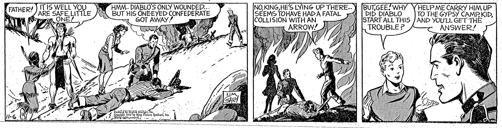 Drawing OCR: FATHER! !TIS WELL YOU ARE SAFE LITTLE ONE HMM.. DIABLO'S ONLY WOUNDED. BUT HIS ONEEYED CONFEDERATE GOT AWAY! NOHE'S LYING UP THERE. SEEMS TOHAVE HAD A FATAL COLLISIÓN WITH AN ARROW! BUTGEE! WHY DID DIABLO START ALL THIS JAND YOU'LL GET THE TROUBLE? HELPME CARRY HIM UP TO THE GYPSY CAMP KIDANSWER! FATHER! !TIS WELL YOU ARE SAFE LITTLE ONE HMM.. DIABLO'S ONLY WOUNDED. BUT HIS ONEEYED CONFEDERATE GOT AWAY! NOHE'S LYING UP THERE. SEEMS TOHAVE HAD A FATAL COLLISIÓN WITH AN ARROW! BUTGEE! WHY DID DIABLO START ALL THIS JAND YOU'LL GET THE TROUBLE? HELPME CARRY HIM UP TO THE GYPSY CAMP KID
