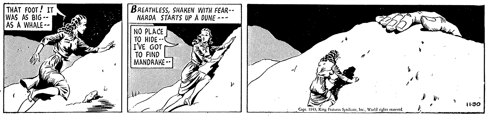 Line OCR: THAT FOOT! IT WAS AS BIG -- AS A WHALE-- BREATHLESSSHAKEN WITH FEAR-- NARDA STARTS UP A DUNE --- NO PLACE TO HIDE -- I'VE GOT TO FIND MANDRAKE -- I130 Copr. 1943World rights reserved. THAT FOOT! IT WAS AS BIG -- AS A WHALE-- BREATHLESSSHAKEN WITH FEAR-- NARDA STARTS UP A DUNE --- NO PLACE TO HIDE -- I'VE GOT TO FIND MANDRAKE -- I130 Copr. 1943King Features SynilicateWorld rights reserved.