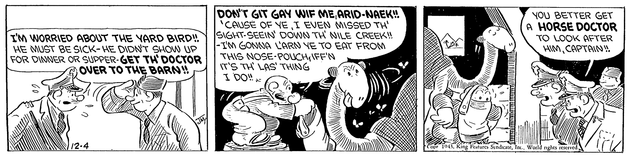 Rectangle OCR: DON'T GIT GAY WIF MEARID-NAEK! 'CAUSE OF YEI EVEN MISSED TH' SIGHT-SEEIN' DOWN TH' NILE CREEK!! |-I'M GONNA L'ARN YE TO EAT FROM THIS NOSE-POUCHIFF'N IT'S TH LAS' THING I DO! YOU BETTER GET A HORSE DOCTOR I'M WORRIED ABOUT THE YARD BIRD! HE MUST BE SICK-HE DIDN'T SHOW UP FOR DINNER OR SUPPER-GET TH' DOCTOR OVER TO THE BARN! TO LOOK AFTER HIMCAPTAIN! 12-4 1043In.. World nghts reserved DON'T GIT GAY WIF MEARID-NAEK! 'CAUSE OF YEI EVEN MISSED TH' SIGHT-SEEIN' DOWN TH' NILE CREEK!! |-I'M GONNA L'ARN YE TO EAT FROM THIS NOSE-POUCHIFF'N IT'S TH LAS' THING I DO! YOU BETTER GET A HORSE DOCTOR I'M WORRIED ABOUT THE YARD BIRD! HE MUST BE SICK-HE DIDN'T SHOW UP FOR DINNER OR SUPPER-GET TH' DOCTOR OVER TO THE BARN! TO LOOK AFTER HIMCAPTAIN! 12-4 1043King l'eaturcs SyndicateIn.. World nghts reserved