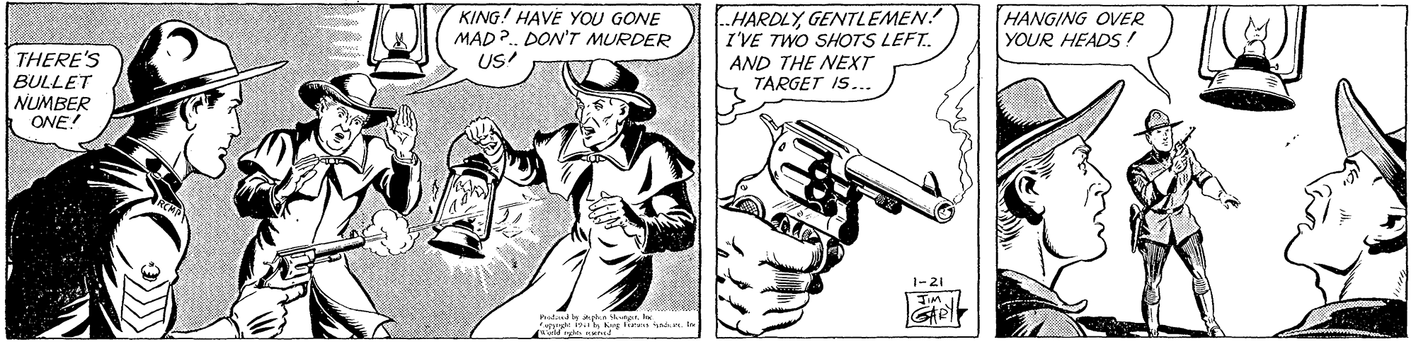 Line art OCR: KING! HAVE YOU GONE MAD?. DON'T MURDER US! .HARDLY GENTLEMEN.! I'VE TWO SHOTS LEFT. HANGING OVER YOUR HEADS ! THERE'S BULLET NUMBER ONE! AND THE NEXT TARGET IS... 1-21 kng aa n KING! HAVE YOU GONE MAD?. DON'T MURDER US! .HARDLY GENTLEMEN.! I'VE TWO SHOTS LEFT. HANGING OVER YOUR HEADS ! THERE'S BULLET NUMBER ONE! AND THE NEXT TARGET IS... 1-21 kng aa n