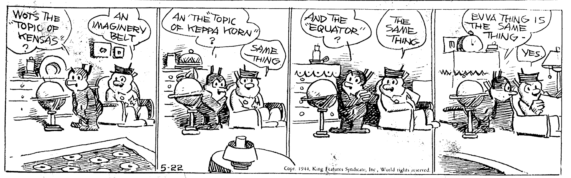 Font OCR: AND THE "EQUATOR" THE SAME THING EVVA THINGIS THE SAME THING WOTS THE TOPIC OF KENSAS AN MAGINERY BELT AN THE TOPIC OF KEPPA KORN YES SAME THING AVA Copr. 1944Wueld tights seserved. 5-22 AND THE "EQUATOR" THE SAME THING EVVA THINGIS THE SAME THING WOTS THE TOPIC OF KENSAS AN MAGINERY BELT AN THE TOPIC OF KEPPA KORN YES SAME THING AVA Copr. 1944King Ecatures SyndicateWueld tights seserved. 5-22