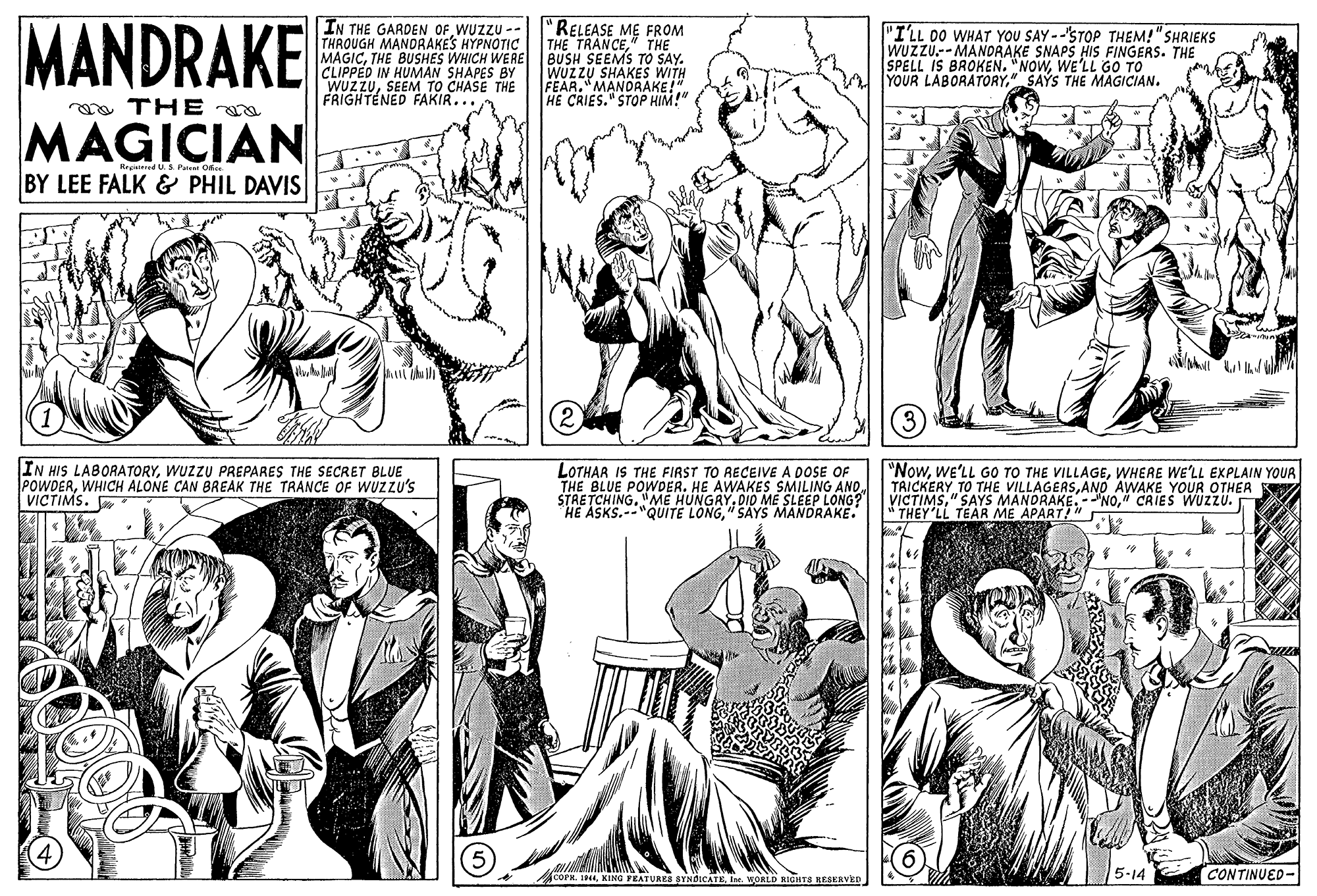 Human body OCR: MANDRAKE "RELEASE ME FROM THE TRANCE" THE IN THE GARDEN OFWUZZU - THROUGH MANDRAKES HYPNOTIC MAGICTHE BUSHES WHICH WERE BUSH SEEMS TO SAY. CLIPPED IN HUMAN SHAPES BY WUZZUSEEM TO CHASE THE FRIGHTENED FAKIR... WUZZU SHAKES WITH FEAR. MANDRAKE!" HE CRIES." STOP HIM!" "I'LL 00 WHAT YOU SAY --'STOP THEM!" SHRIEKS WUZZU.--MANDRAKE SNAPS HIS FINGERS. THE SPELL IS BROKEN. "NOWWE'LL GO TO YOUR LABORATORY" SAYS THE MAGICIAN. a TH E MAGICIAN Rrentred us Paie Oke BY LEE FALK & PHIL DAVIS IN HIS LABORATORYWUZZU PREPARES THE SECRET BLUE POWDERWHICH ALONE CAN BREAK THE TRANCE OF WUZZU's VICTIMS. LOTHAR IS THE FIRST TO RECEIVE A DOSE OF THE BLUE POWDER. HE AWAKES SMILING AND. STRETCHING"ME HUNGRY.DID ME SLEEP LONG? HE ASKS.--"QUITE LONG" SAYS MANDRAKE. "NowWHERE WE'LL EXPLAIN YOUR TAICKERY TO THE VILLAGERSAND AWAKE YOUR OTHER VICTIMS" CRIES WÜZZU. " THEY'LL TEAR ME APART?" COPK 144Ise. WORLD RIGHTS RESKRVED 5-14 CONTINUED- MANDRAKE "RELEASE ME FROM THE TRANCE" THE IN THE GARDEN OFWUZZU - THROUGH MANDRAKES HYPNOTIC MAGICTHE BUSHES WHICH WERE BUSH SEEMS TO SAY. CLIPPED IN HUMAN SHAPES BY WUZZUSEEM TO CHASE THE FRIGHTENED FAKIR... WUZZU SHAKES WITH FEAR. MANDRAKE!" HE CRIES." STOP HIM!" "I'LL 00 WHAT YOU SAY --'STOP THEM!" SHRIEKS WUZZU.--MANDRAKE SNAPS HIS FINGERS. THE SPELL IS BROKEN. "NOWWE'LL GO TO YOUR LABORATORY" SAYS THE MAGICIAN. a TH E MAGICIAN Rrentred us Paie Oke BY LEE FALK & PHIL DAVIS IN HIS LABORATORYWUZZU PREPARES THE SECRET BLUE POWDERWHICH ALONE CAN BREAK THE TRANCE OF WUZZU's VICTIMS. LOTHAR IS THE FIRST TO RECEIVE A DOSE OF THE BLUE POWDER. HE AWAKES SMILING AND. STRETCHING"ME HUNGRY.DID ME SLEEP LONG? HE ASKS.--"QUITE LONG" SAYS MANDRAKE. "NowWe'LL GO TO THE VILLAGEWHERE WE'LL EXPLAIN YOUR TAICKERY TO THE VILLAGERSAND AWAKE YOUR OTHER VICTIMS" SAYS MANDRAKE. -NO" CRIES WÜZZU. " THEY'LL TEAR ME APART?" COPK 144KING FEATURES SYNDICATEIse. WORLD RIGHTS RESKRVED 5-14 CONTINUED-