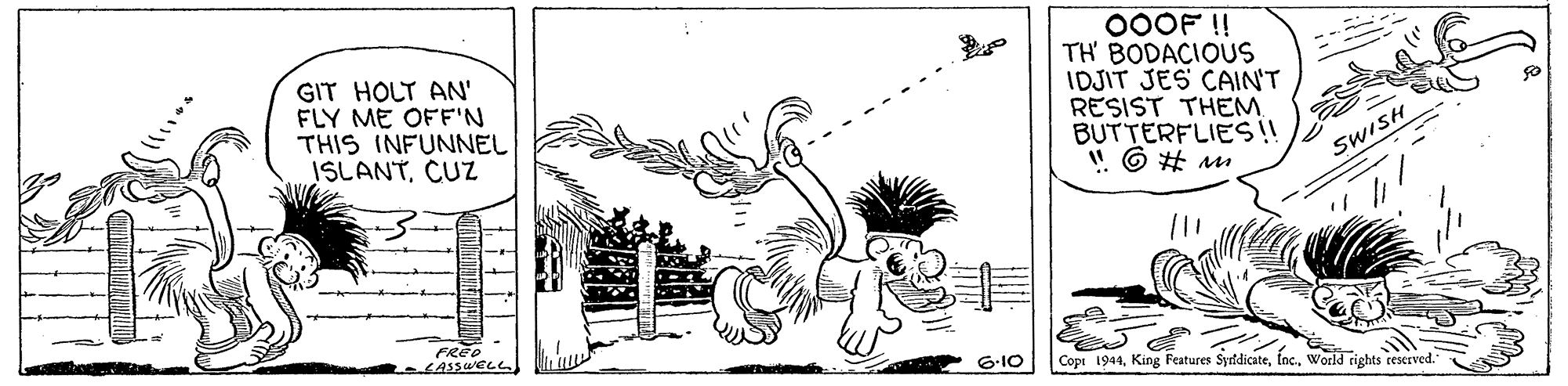 Painting OCR: GIT HOLT AN' FLY ME OFF'N THIS INFUNNEL ISLANTCUZZ 00OF !! TH BODACIOUS IDJIT JES CAIN'T RESIST THEM. BUTTERFLIES! SWISH FRED LASSUELL 6-10 Copr 1944World rights rescrved. GIT HOLT AN' FLY ME OFF'N THIS INFUNNEL ISLANTCUZZ 00OF !! TH BODACIOUS IDJIT JES CAIN'T RESIST THEM. BUTTERFLIES! SWISH FRED LASSUELL 6-10 Copr 1944King Features SyddicateWorld rights rescrved.