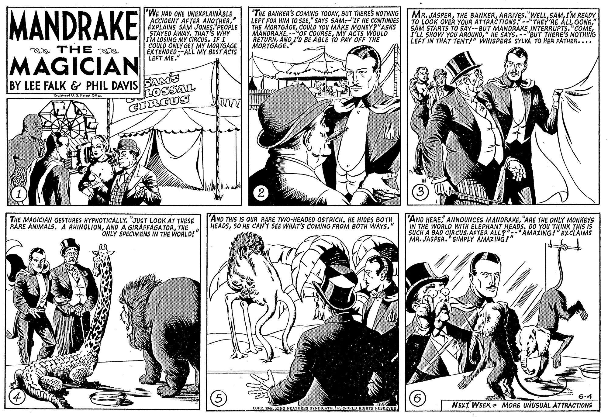 Font OCR: MANDRAKE "WE HAD ONE UNEXPLAINÀBLE ACCIDENT AFTER ANOTHER" ÉXPLAINS SAM JONES. PEOPLE STAYED AWAY. THAT'S WHY IM LOSING MY CIRCUS. IF I COULD ONLY GET MY MORTGAGE EXTENDED --ALL MY BEST ACTS LEFT ME." "THE BANKER'S COMING TODAYBUT THERES NOTHING LEFT FOR HIM TO SEE" THE MORTGAGECOÚLO YOU MAKE MONEY?"ASKS MANDRAKEM? ACTS WOULD RETUANAND I'O BE ABLE TO PAY OFF THE MORTGAGE. MR. JASPERI'M READY. SAM STARTS TO SAXUVAUT N I'LL " HE SAYS.-- "BUT T NTERKUSEOTUING LEFT IN THAT TENT!" WHISPERS SYLVA TO HER FATHER.... aa THE MAGICIAN BY LEE FALK & PHIL DAVIS SAMS LOSSAL ????? GIRCUS THE MAGICIAN GESTURES HYPNOoTICALLY. "JUST LOOK AT THESE RARE ANIMALS. A RHINOLIONTHE ONLY ŠPECIMENS IN THE WORLD!" "AND THIS IS OUR RARE TWO-HEADED OSTRICH. HE HIDES BOTH. HEADSSO HE CAN'T SEE WHAT'S COMING FROM BOTH WAYS." "ANO HEAE" ANNOUNCES MANORAKE"ARE THE ONLY MONKEYS IN THE WORLD WITH ELEPHANT HEADS. DO YOU THINK THIS IS SUCH A BAD CIRCUSAFTER ALL?"-"AMAZING!"EXCLAIMS MA. JASPER. " SIMPLY AMAZING!" 6-4 NEXT WEEK MORE UNUSUAL ATTRACTIONS COPRWORLD RIGHTS REBERVED MANDRAKE "WE HAD ONE UNEXPLAINÀBLE ACCIDENT AFTER ANOTHER" ÉXPLAINS SAM JONES. PEOPLE STAYED AWAY. THAT'S WHY IM LOSING MY CIRCUS. IF I COULD ONLY GET MY MORTGAGE EXTENDED --ALL MY BEST ACTS LEFT ME." "THE BANKER'S COMING TODAYBUT THERES NOTHING LEFT FOR HIM TO SEE" SAYS SAM:-"IF HE CONTINUES TO LOOK OVER YOUR ATTRACTIONS --" THEY 'RE ALL GOÖNE" THE MORTGAGECOÚLO YOU MAKE MONEY?"ASKS MANDRAKE--"OF COURSEM? ACTS WOULD RETUANAND I'O BE ABLE TO PAY OFF THE MORTGAGE. MR. JASPERTHE BANKERI'M READY. SAM STARTS TO SAXUVAUT N I'LL " HE SAYS.-- "BUT T NTERKUSEOTUING LEFT IN THAT TENT!" WHISPERS SYLVA TO HER FATHER.... aa THE MAGICIAN BY LEE FALK & PHIL DAVIS SAMS LOSSAL ????? GIRCUS THE MAGICIAN GESTURES HYPNOoTICALLY. "JUST LOOK AT THESE RARE ANIMALS. A RHINOLIONAND A GIRÄFFAGATORTHE ONLY ŠPECIMENS IN THE WORLD!" "AND THIS IS OUR RARE TWO-HEADED OSTRICH. HE HIDES BOTH. HEADSSO HE CAN'T SEE WHAT'S COMING FROM BOTH WAYS." "ANO HEAE" ANNOUNCES MANORAKE"ARE THE ONLY MONKEYS IN THE WORLD WITH ELEPHANT HEADS. DO YOU THINK THIS IS SUCH A BAD CIRCUSAFTER ALL?"-"AMAZING!"EXCLAIMS MA. JASPER. " SIMPLY AMAZING!" 6-4 NEXT WEEK MORE UNUSUAL ATTRACTIONS COPRKING VEATÜRES HTNDICATEWORLD RIGHTS REBERVED