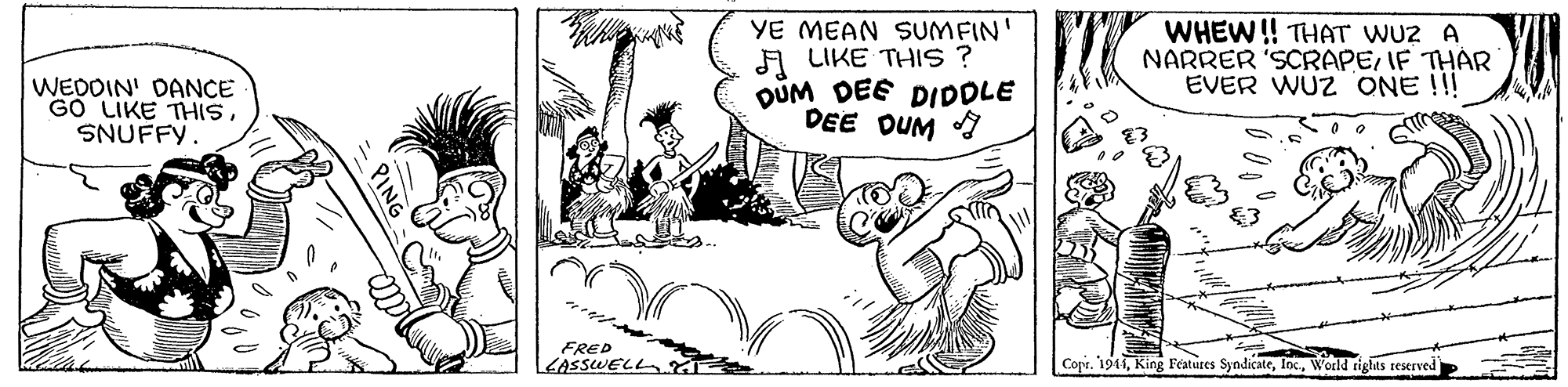 Handwriting OCR: WEDDIN' DANCE GO LIKE THISSNUFFY. YE MEAN SUMFIN' A LIKE THIS ? DUM DEE DIDDLE DEE DUM I WHEW! THAT WU2 A NARRER 'SCRAPEIF THAR EVER WUZ ONE !!! FRED LASSWELL Cope. 1911World tights reserved WEDDIN' DANCE GO LIKE THISSNUFFY. YE MEAN SUMFIN' A LIKE THIS ? DUM DEE DIDDLE DEE DUM I WHEW! THAT WU2 A NARRER 'SCRAPEIF THAR EVER WUZ ONE !!! FRED LASSWELL Cope. 1911King Features SyndicateWorld tights reserved