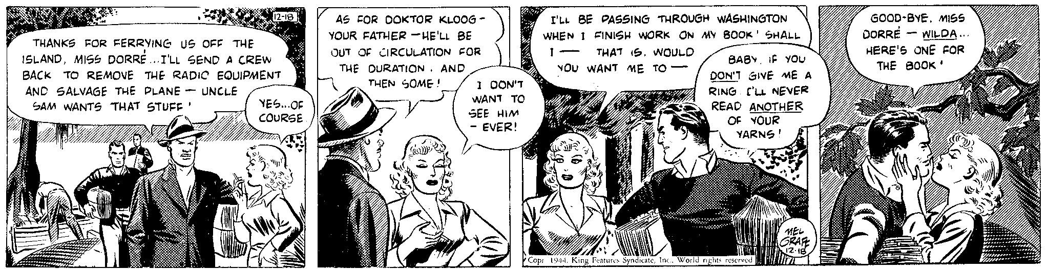 Style OCR: THANKS FOR FERRYING US OFF THE ISLANDMISS DORRE...I'LL SEND A CREW BACK TO REMOVE THE RADIC EQUIPMENT AND SALVAGE THE PLANE SAM WANTS THAT STUFF' - 12-18 UNCLE YES... OF COURSE AS FOR DOKTOR KLOOG- YOUR FATHER-HE'LL BE OUT OF CIRCULATION FOR THE DURATION. AND THEN SOME! I DON'T WANT TO SEE HIM - EVER! I'LL BE PASSING THROUGH WASHINGTON WHEN I FINISH WORK ON MY BOOK' SHALL 1- THAT ISWOULD YOU WANT ME TO - BABY IF YOU DON'T GIVE ME A RING I'LL NEVER READ ANOTHER OF YOUR YARNS! Copr 1944. King Features Syndicate. Inc.. World rights reserved MEL GRAFE 12-18 GOOD-BYEMISS DORRE - WILDA... HERE'S ONE FOR THE BOOK' THANKS FOR FERRYING US OFF THE ISLANDMISS DORRE ... I'LL SEND A CREW BACK TO REMOVE THE RADIC EQUIPMENT AND SALVAGE THE PLANE SAM WANTS THAT STUFF ' - 12-18 UNCLE YES ... OF COURSE AS FOR DOKTOR KLOOG YOUR FATHER - HE'LL BE OUT OF CIRCULATION FOR THE DURATION . AND THEN SOME ! I DON'T WANT TO SEE HIM - EVER ! I'LL BE PASSING THROUGH WASHINGTON WHEN I FINISH WORK ON MY BOOK ' SHALL 1 THAT ISWOULD YOU WANT ME TO - BABY IF YOU DON'T GIVE ME A RING I'LL NEVER READ ANOTHER OF YOUR YARNS ! Copr 1944. King Features Syndicate . Inc .. World rights reserved MEL GRAFE 12-18 GOOD - BYEMISS DORRE - WILDA ... HERE'S ONE FOR THE BOOK '