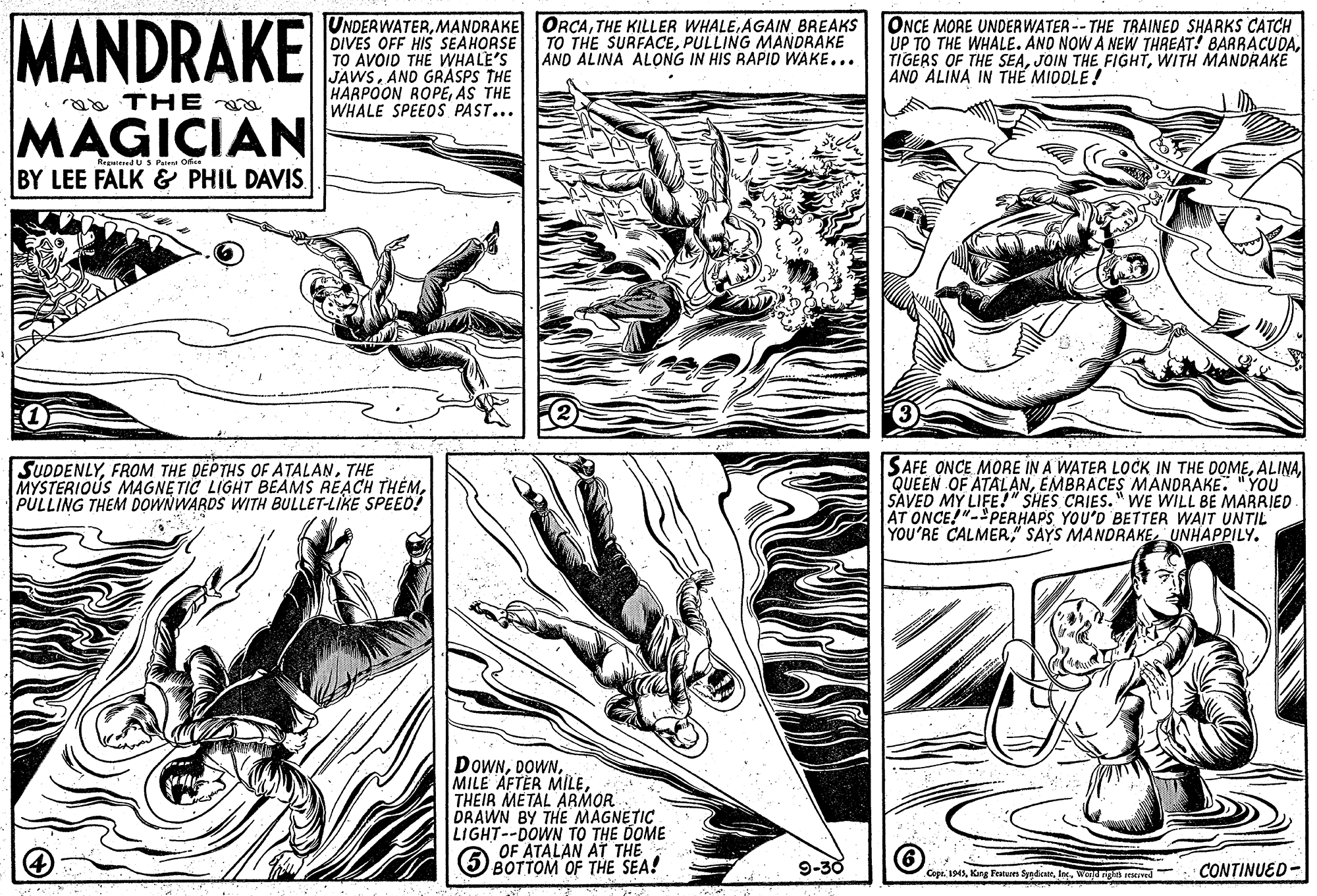 Interaction OCR: MANDRAKE UNDERWATERAGAIN BREAKS DIVES OFF HIS SEAHORSE TO AVOID THE WHALE'S JAWSAND GRASPS THE HARPOON ROPEAS THE WHALE SPEEDS PAST... ONCE MORE UNDERWATER -- THE TRAINED SHARKS CATCH UP TO THE WHALE. ANO NOW A NEW THREAT! BARRACUDAWITH MANDRAKE AND ALINA IN TH? MIDDLE ! TO THE SURFACEPULLING MANDRAKE AND ALINA ALONG IN HIS RAPIO WAKE... aa T HE a MAGICIAN ReedU S Petent Ofe BY LEE FALK & PHIL DAVIS. SUDDENLYTHE MYSTERIOUS MAGNETIC LIGHT BEAMS REACH THÈMPULLING THEM DOWNWARDS WITH BULLET-LIKE SPEED! SAFE ONCE MORE IN A WATER LOCK IN THE DOMEEMBRACES MANDRAKE. "YOU SAVED MY LIFE!" SHES CRIES." WE WILL BE MARRIED AT ONCE!"-PERHAPS YOU'D BETTER WAIT UNTIL YOU'RE CALMERUNHAPPILY. DOWNTHEIR METAL ARMOR DRAWN BY THE MAGNETIC LIGHT--DOWN TO THE DOME OF ATALAN AT THE 5 BOTTOM OF THE SEA! 9-30 CONTINUED- Copr. 1943wamungn rescived MANDRAKE UNDERWATERMANDRAKE ORCATHE KILLER WHALEAGAIN BREAKS DIVES OFF HIS SEAHORSE TO AVOID THE WHALE'S JAWSAND GRASPS THE HARPOON ROPEAS THE WHALE SPEEDS PAST... ONCE MORE UNDERWATER -- THE TRAINED SHARKS CATCH UP TO THE WHALE. ANO NOW A NEW THREAT! BARRACUDATIGERS OF THE SEAJOIN THE FIGHTWITH MANDRAKE AND ALINA IN TH? MIDDLE ! TO THE SURFACEPULLING MANDRAKE AND ALINA ALONG IN HIS RAPIO WAKE... aa T HE a MAGICIAN ReedU S Petent Ofe BY LEE FALK & PHIL DAVIS. SUDDENLYFROM THE DEPTHS OF ATALANTHE MYSTERIOUS MAGNETIC LIGHT BEAMS REACH THÈMPULLING THEM DOWNWARDS WITH BULLET-LIKE SPEED! SAFE ONCE MORE IN A WATER LOCK IN THE DOMEQUEEN OF ATALANEMBRACES MANDRAKE. "YOU SAVED MY LIFE!" SHES CRIES." WE WILL BE MARRIED AT ONCE!"-PERHAPS YOU'D BETTER WAIT UNTIL YOU'RE CALMER" SAYS MANDRAKEUNHAPPILY. DOWNMILE AFTER MILETHEIR METAL ARMOR DRAWN BY THE MAGNETIC LIGHT--DOWN TO THE DOME OF ATALAN AT THE 5 BOTTOM OF THE SEA! 9-30 CONTINUED- Copr. 1943Kang Features Sydemwamungn rescived