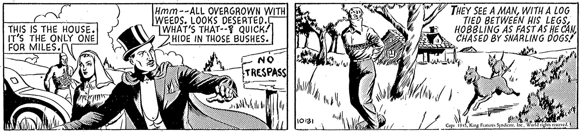 Line OCR: Hmm--ALL OVERGROWN WITH WEEDS. LOOKS DESERTED.C WHAT'S THAT--? QUICK! ZHIDE IN THOSE BUSHES. THEY SEE A MANWITH A LOG TIED BETWEEN HIS LEGSCHASED BY SNARLING DOGS! THIS IS THE HOUSE. IT'S THE ONLY ONE FOR MILES.[ NO TRESPASS 1031 Copi 1915World righes reaeved. Hmm--ALL OVERGROWN WITH WEEDS. LOOKS DESERTED.C WHAT'S THAT--? QUICK! ZHIDE IN THOSE BUSHES. THEY SEE A MANWITH A LOG TIED BETWEEN HIS LEGSHOBBLING AS FAST AS HE CANCHASED BY SNARLING DOGS! THIS IS THE HOUSE. IT'S THE ONLY ONE FOR MILES.[ NO TRESPASS 1031 Copi 1915King Fatures SyndikateWorld righes reaeved.