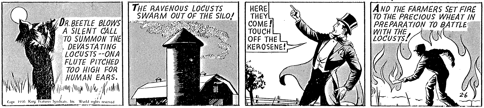 History OCR: THE RAVENOUS LOCUSTS SWARM OUT OF THE SILO! DR. BEETLE BLOWS A SILENT CALL TO SUMMON THE DEVASTATING LOCUSTS --ONA FLUTE PITCHED TOO HIGH FOR HUMAN EARSs. HERE THEY COME ! TOUCH OFF THE KEROSENE! AND THE FARMERS SET FIRE TO THE PRECIOUS WHEAT IN PREPARATION TO BATTLE WITH THE LOCUSTS! Co 19at Kang Features Syadicate. e wuki ng Ins Wukd rghts revrved THE RAVENOUS LOCUSTS SWARM OUT OF THE SILO! DR. BEETLE BLOWS A SILENT CALL TO SUMMON THE DEVASTATING LOCUSTS --ONA FLUTE PITCHED TOO HIGH FOR HUMAN EARSs. HERE THEY COME ! TOUCH OFF THE KEROSENE! AND THE FARMERS SET FIRE TO THE PRECIOUS WHEAT IN PREPARATION TO BATTLE WITH THE LOCUSTS! Co 19at Kang Features Syadicate. e wuki ng Ins Wukd rghts revrved
