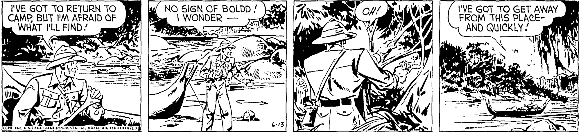 Line OCR: I'VE GOT TO RETURN TO CAMPBUT I'M AFRAID OF WHAT I'LL FIND! NO SIGN OF BOLDD! I WONDER I'VE GOT TO GET AWAY FROM THIS PLACE- AND QUICKLY! 6.13 LUPA IKINU PEATURLE I'VE GOT TO RETURN TO CAMPBUT I'M AFRAID OF WHAT I'LL FIND! NO SIGN OF BOLDD! I WONDER I'VE GOT TO GET AWAY FROM THIS PLACE- AND QUICKLY! 6.13 LUPA IKINU PEATURLE