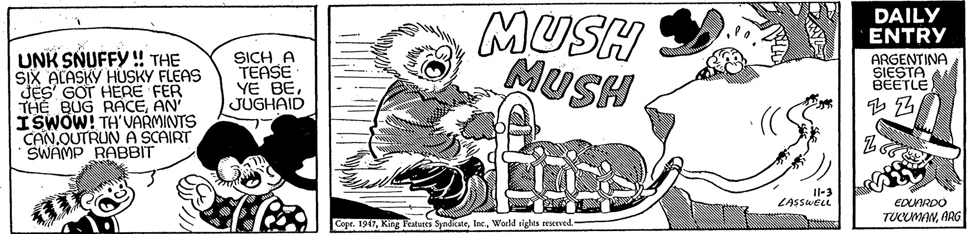 Drawing OCR: MUSH MUSH DAILY ENTRY UNK SNUFFY! THE SIX ALASKY HUSKY FLEAS JES' GOT HERE FER THE BUG RACEAN' ISWOW! TH'VARMINTS CAN.QUTRUN A SCAIRT SWAMP RABBIT SICH A TEASE YE BEJUGHAID ARGENTINA SIESTA BEETLE Il-3 LASSWELL EDUARDO TUCUMANARG Copr. 1917World tights reserved MUSH MUSH DAILY ENTRY UNK SNUFFY! THE SIX ALASKY HUSKY FLEAS JES' GOT HERE FER THE BUG RACEAN' ISWOW! TH'VARMINTS CAN.QUTRUN A SCAIRT SWAMP RABBIT SICH A TEASE YE BEJUGHAID ARGENTINA SIESTA BEETLE Il-3 LASSWELL EDUARDO TUCUMANARG Copr. 1917King Features SyndicateWorld tights reserved