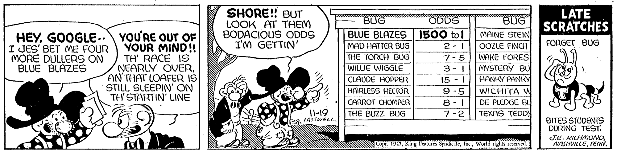 Fictional character OCR: SHORE! BUT LOOK AT THEM BODACIOUS ODDS I'M GETTIN' LATE SCRATCHES ODDS BUG BUG BLUE BLAZES 1500 tol HEYGOOGLE.. YOU'RE OUT OF YOUR MIND!! TH' RACE IS NEARLY OVERAN THAT LOAFER IS STILL SLEEPIN' ON TH' STARTIN' LINE MAINE STEIN OOZLE FINCH WAKE FORES MYSTERY BU HANKY PANKY WICHITA W DE PLEDGE BU FORGET BUG 2- 1 7-5 MAD HATTER BUG I JES' BET ME FOUR MORE DULLERS ON BLUE BLAZES THE TORCH BUG WILLIE WIGGLE 3-1 15 - 1 9 -5 8- 1 CLAUDE HOPPER HAIRLESS HECTOR CARROT CHOMPER I-19 A LASSWELL THE BUZZ BUG 7-2 TEXAS TEDDY BITES STUDENTS DURING TEST. Cope. 1917World righits reserved. J.E. RICHMONDSHORE! BUT LOOK AT THEM BODACIOUS ODDS I'M GETTIN' LATE SCRATCHES ODDS BUG BUG BLUE BLAZES 1500 tol HEYGOOGLE..YOU'RE OUT OF YOUR MIND!! TH' RACE IS NEARLY OVERAN THAT LOAFER IS STILL SLEEPIN' ON TH' STARTIN' LINE MAINE STEIN OOZLE FINCH WAKE FORES MYSTERY BU HANKY PANKY WICHITA W DE PLEDGE BU FORGET BUG 2- 1 7-5 MAD HATTER BUG I JES' BET ME FOUR MORE DULLERS ON BLUE BLAZES THE TORCH BUG WILLIE WIGGLE 3-1 15 - 1 9 -5 8- 1 CLAUDE HOPPER HAIRLESS HECTOR CARROT CHOMPER I-19 A LASSWELL THE BUZZ BUG 7-2 TEXAS TEDDY BITES STUDENTS DURING TEST. Cope. 1917King Features SyndicateWorld righits reserved. J.E. RICHMOND