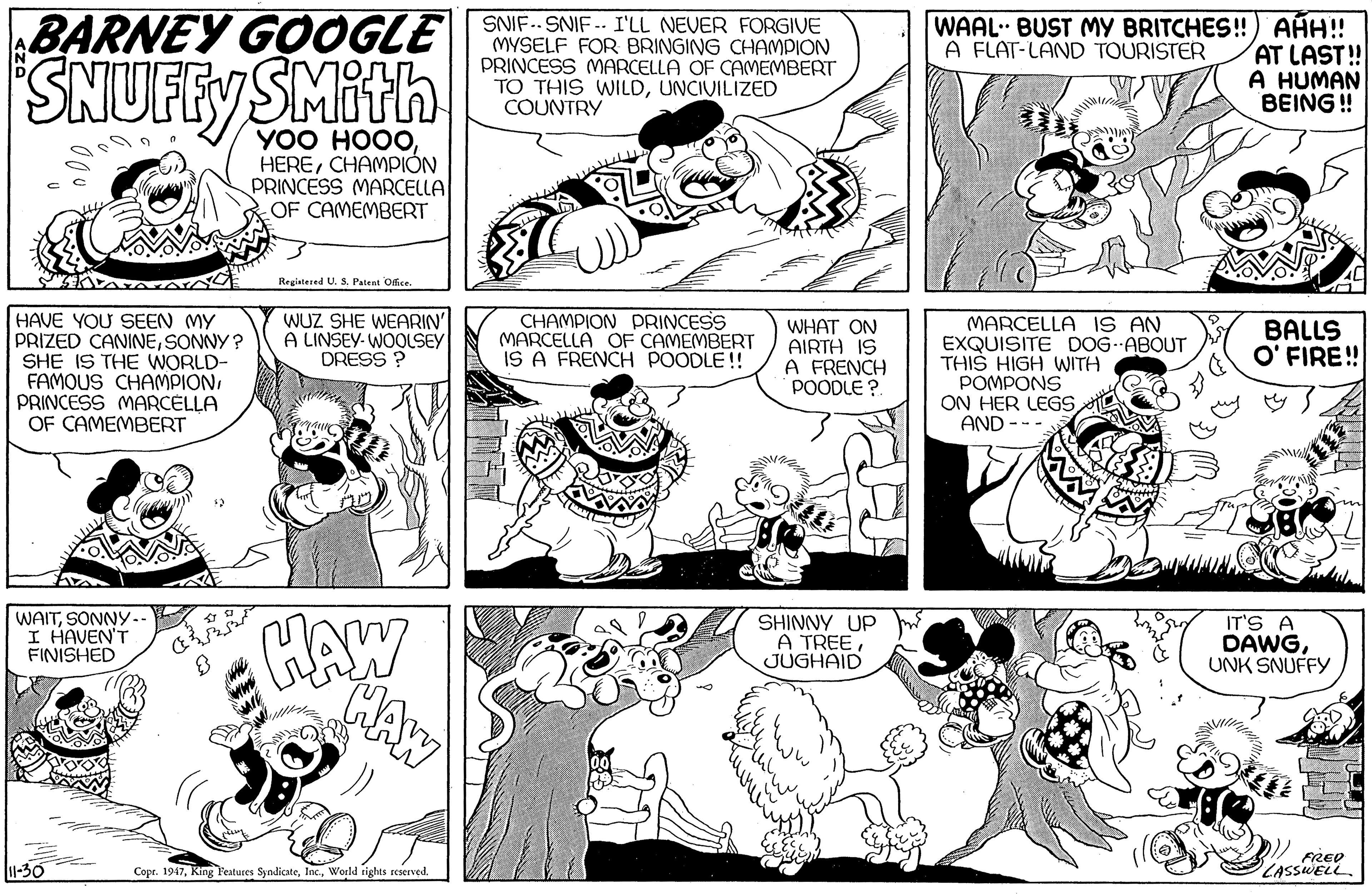 Human OCR: BARNEY GOOGLE SNIESNIF TL NEVER FORSIVE (MYSELF FOR BRINGING CHAMPION PRINCESS MARCELLA OF CAMEMBERT TO THIS WILDUNCIVILIZED COUNTRY WAAL BUST MY BRITCHES!) AHH!! AT LAST! A HUMAN BEING! A FLAT-LAND TOURISTER SNUFFY SMith YOO HOOOCHAMPIÓN PRINCESS MARCELLA OF CAMEMBERT Regiatered U. SPatent Office. HAVE YOU SEEN MY PRIZED CANINESONNY? SHE IS THE WORLD- FAMOUS CHAMPIONPRINCESS MARCELLA OF CAMEMBERT WUZ SHE WEARIN' A LINSEY-WOOLSEY DRESS ? CHAMPION PRINCESS MARCELLA OF CAMEMBERT IS A FRENCH POODLE!! WHAT ON AIRTH IS A FRENCH POODLE ? MARCELLA IS AN EXQUISITE DOG--ABOUT THIS HIGH WITH POMPONS ON HER LEGS AND --- BALLS O' FIRE! MAW HAW WAITSONNY.. I HAVEN'T FINISHED SHINNY UP A TREEJUGHAID IT'S A DAWGUNK SNUFFY -30 FRED CASSWELL. Copr. 1947World rights reserved. BARNEY GOOGLE SNIESNIF TL NEVER FORSIVE (MYSELF FOR BRINGING CHAMPION PRINCESS MARCELLA OF CAMEMBERT TO THIS WILDUNCIVILIZED COUNTRY WAAL BUST MY BRITCHES!) AHH!! AT LAST! A HUMAN BEING! A FLAT-LAND TOURISTER SNUFFY SMith YOO HOOOCHAMPIÓN PRINCESS MARCELLA OF CAMEMBERT Regiatered U. SPatent Office. HAVE YOU SEEN MY PRIZED CANINESONNY? SHE IS THE WORLD- FAMOUS CHAMPIONPRINCESS MARCELLA OF CAMEMBERT WUZ SHE WEARIN' A LINSEY-WOOLSEY DRESS ? CHAMPION PRINCESS MARCELLA OF CAMEMBERT IS A FRENCH POODLE!! WHAT ON AIRTH IS A FRENCH POODLE ? MARCELLA IS AN EXQUISITE DOG--ABOUT THIS HIGH WITH POMPONS ON HER LEGS AND --- BALLS O' FIRE! MAW HAW WAITSONNY.. I HAVEN'T FINISHED SHINNY UP A TREEJUGHAID IT'S A DAWGUNK SNUFFY -30 FRED CASSWELL. Copr. 1947King Features SyndicateWorld rights reserved.