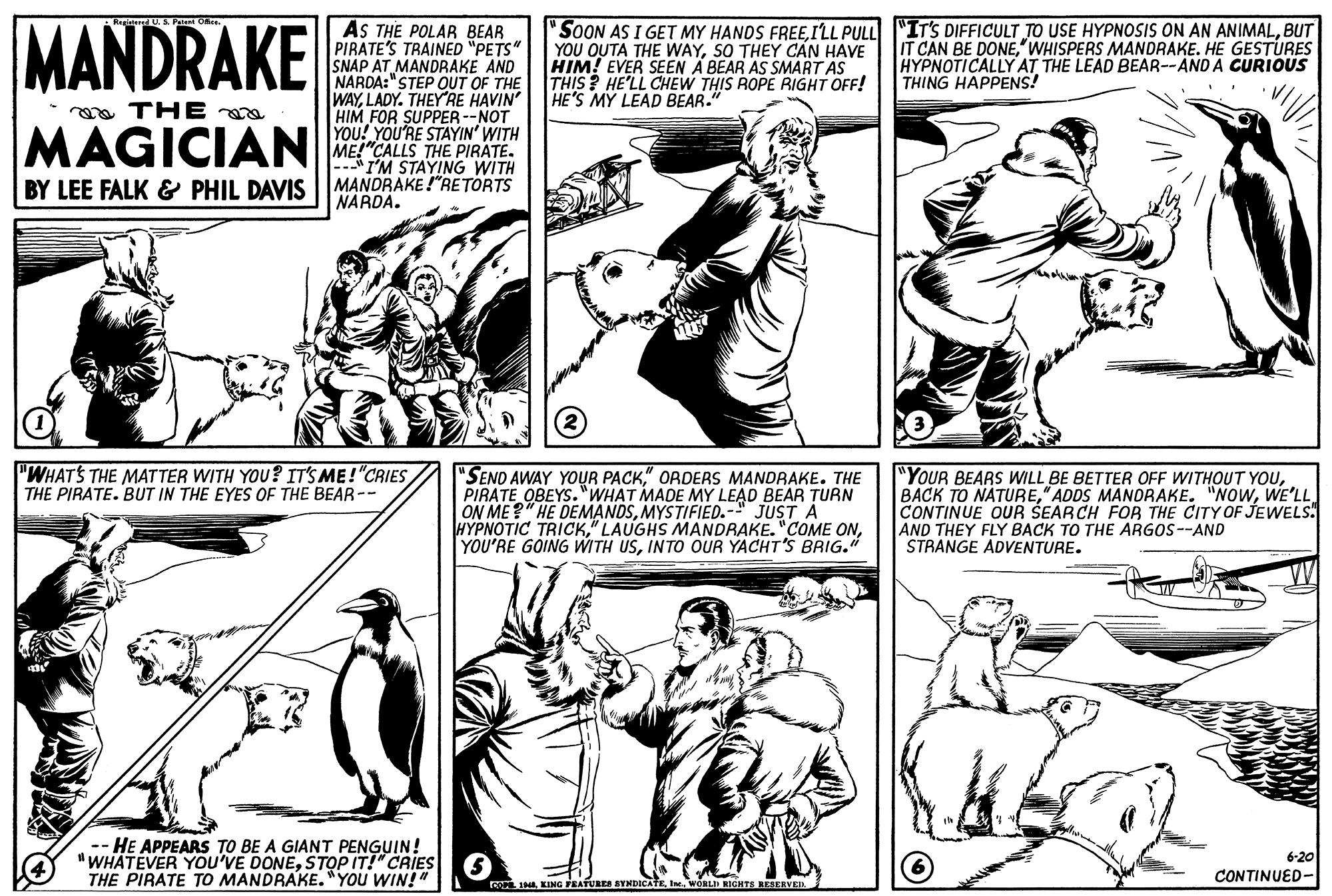 Mammal OCR: MANDRAKE SOON AS I GET MY HANDS FREEBUT YOU OUTA THE WAYSO THEY CAN HAVE HIM! EVER SEEN A BEAR AS SMART AS THIS? HE'LL CHEW THIS ROPE RIGHT OFF! HE'S MY LEAD BEAR." AS THE POLAR BEAR PIRATE'S TRAINED "PETS" IT CAN BE DONE"WHISPERS MANDRAKE. HE GESTURES HYPNOTICALLY AT THE LEAD BEAR--AND A CURIOUS THING HAPPENS! NARDA:"STEP OUT OF THE WAYLADY. THEYRE HAVIN HIM FOR SUPPER --NOT YOU! YOU'RE STAYIN' WITH ME!"CALLS THE PIRATE. ---I'M STAYING WITH MANDRAKE!"RE TORTS NARDA. a TH E MAGICIAN BY LEE FALK & PHIL DAVIS "WHATS THE MATTER WITH YOU? IT'S ME!"CRIES THE PIRATE. BUT IN THE EYES OF THE BEAR-- "SEND AWAY YOUR PACK" ORDERS MANDRAKE. THE PIRATE OBEYS. "WHAT MADE MY LEAD BEAR TURN ON ME?" HE DEMANDSMYSTIFIED.-" JUST A HYPNOTIC TRICKINTO OUR YACHT'S BRIG." "YOUR BEARS WILL BE BETTER OFF WITHOUT YOUWE'LL CONTINUE OUR SEARCH FOR THE CITY OF JEWELS AND THEY FLY BACK TO THE ARGOS--AND STRANGE ADVENTURE. -- HE APPEARS TO BE A GIANT PENGUIN! "WHATEVER YOu'VE DONESTOP IT! CAIES THE PIRATE TO MANDRAKE."YOU WIN!" 6-20 CONTINUED- rco INAIm. WORLID RIGHTS RESERVED MANDRAKE SOON AS I GET MY HANDS FREEILL PULL "ITS DIFFICULT TO USE HYPNOSIS ON AN ANIMALBUT YOU OUTA THE WAYSO THEY CAN HAVE HIM! EVER SEEN A BEAR AS SMART AS THIS? HE'LL CHEW THIS ROPE RIGHT OFF! HE'S MY LEAD BEAR." AS THE POLAR BEAR PIRATE'S TRAINED "PETS" IT CAN BE DONE"WHISPERS MANDRAKE. HE GESTURES HYPNOTICALLY AT THE LEAD BEAR--AND A CURIOUS THING HAPPENS! NARDA:"STEP OUT OF THE WAYLADY. THEYRE HAVIN HIM FOR SUPPER --NOT YOU! YOU'RE STAYIN' WITH ME!"CALLS THE PIRATE. ---I'M STAYING WITH MANDRAKE!"RE TORTS NARDA. a TH E MAGICIAN BY LEE FALK & PHIL DAVIS "WHATS THE MATTER WITH YOU? IT'S ME!"CRIES THE PIRATE. BUT IN THE EYES OF THE BEAR-- "SEND AWAY YOUR PACK" ORDERS MANDRAKE. THE PIRATE OBEYS. "WHAT MADE MY LEAD BEAR TURN ON ME?" HE DEMANDSMYSTIFIED.-" JUST A HYPNOTIC TRICK"LAUGHS MANDRAKE. "COME ONYOU'RE GOING WITH USINTO OUR YACHT'S BRIG." "YOUR BEARS WILL BE BETTER OFF WITHOUT YOUBACK TO NATURE" ADDS MANORAKE. "NOWWE'LL CONTINUE OUR SEARCH FOR THE CITY OF JEWELS AND THEY FLY BACK TO THE ARGOS--AND STRANGE ADVENTURE. -- HE APPEARS TO BE A GIANT PENGUIN! "WHATEVER YOu'VE DONESTOP IT! CAIES THE PIRATE TO MANDRAKE."YOU WIN!" 6-20 CONTINUED- rco INAKING FEATURES SYNDICATEIm. WORLID RIGHTS RESERVED