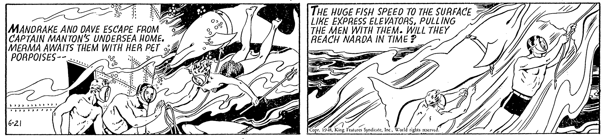 Fictional character OCR: THE HUGE FISH SPEED TO THE SURFACE LIKE EXPRESS ELEVATORSPULLING THE MEN WITH THEM. WILL THEY REACH NARDA IN TIME ? MANDRAKE ANO DAVE ESCAPE FROM CAPTAIN MANTON'S UNDERSEA HOME. MERMA AWAITS THEM WITH HER PET PORPOISES--.. 6-21 Copr. 1918W'aild tights reserved. THE HUGE FISH SPEED TO THE SURFACE LIKE EXPRESS ELEVATORSPULLING THE MEN WITH THEM. WILL THEY REACH NARDA IN TIME ? MANDRAKE ANO DAVE ESCAPE FROM CAPTAIN MANTON'S UNDERSEA HOME. MERMA AWAITS THEM WITH HER PET PORPOISES--.. 6-21 Copr. 1918King 1lratures SyndicateW'aild tights reserved.