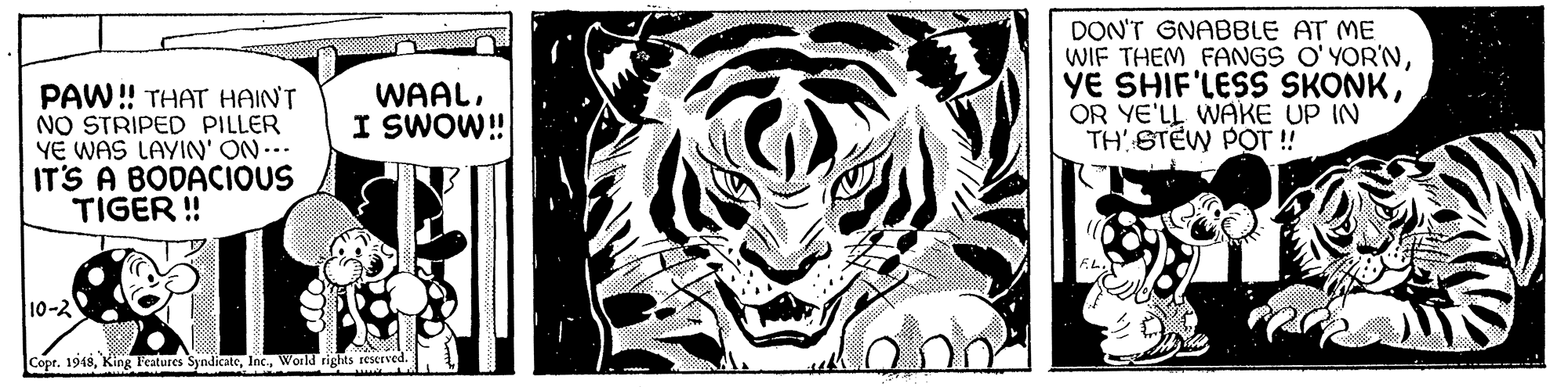 Pattern OCR: DON'T GNABBLE AT ME WIF THEM FANGS O'YOR'NOR YE'LL WAKE UP IN TH STEW POT ! WAALI SWOW! PAW! THAT HAINT NO STRIPED PILLER YE WAS LAYIN' ON... IT'S A BODACIOUS TIGER ! 10-2 Copr. 1948World rights reserved DON'T GNABBLE AT ME WIF THEM FANGS O'YOR'NYE SHIF'LESS SKONKOR YE'LL WAKE UP IN TH STEW POT ! WAALI SWOW! PAW! THAT HAINT NO STRIPED PILLER YE WAS LAYIN' ON... IT'S A BODACIOUS TIGER ! 10-2 Copr. 1948King Features SyndicateWorld rights reserved