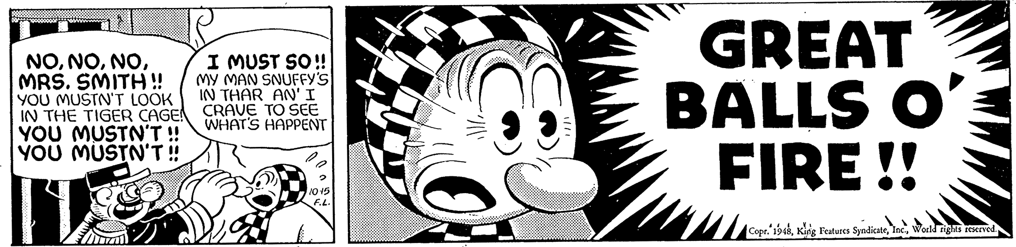 Illustration OCR: NOMRS. SMITH ! YOU MUSTN'T LOOK IN THE TIGER CAGE! YOU MUSTN'T ! YOU MUSTN'T ! GREAT BALLS O' FIRE ! I MUST SO!! MY MAN SNUFFY'S IN THAR AN'I CRAVE TO SEE WHAT'S HAPPENT Cope." 1948World rights reserved NOMRS. SMITH ! YOU MUSTN'T LOOK IN THE TIGER CAGE! YOU MUSTN'T ! YOU MUSTN'T ! GREAT BALLS O' FIRE ! I MUST SO!! MY MAN SNUFFY'S IN THAR AN'I CRAVE TO SEE WHAT'S HAPPENT Cope." 1948King Features SyndicateWorld rights reserved