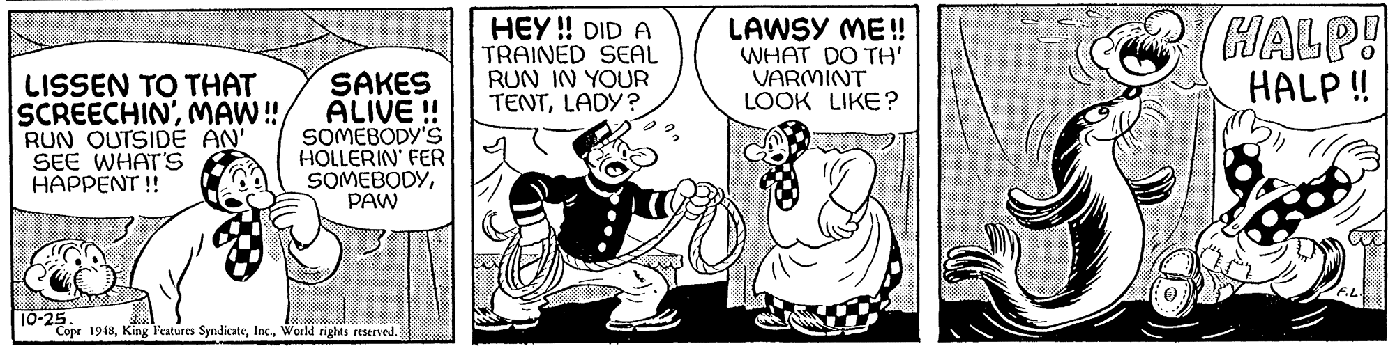 Humour OCR: HEY ! DID A TRAINED SEAL RUN IN YOUR TENTLADY ? LAWSY ME ! WHAT DO TH' VARMINT LOOK LIKE? HALP! HALP ! LISSEN TO THAT SCREECHIN'MAW! RUN OUTSIDE AN' SEE WHAT'S HAPPENT !! SAKES ALIVE ! SOMEBODY'S HOLLERIN' FER SOMEBODYPAW 10-25. Copr 1948World rights reserved. HEY ! DID A TRAINED SEAL RUN IN YOUR TENTLADY ? LAWSY ME ! WHAT DO TH' VARMINT LOOK LIKE? HALP! HALP ! LISSEN TO THAT SCREECHIN'MAW! RUN OUTSIDE AN' SEE WHAT'S HAPPENT !! SAKES ALIVE ! SOMEBODY'S HOLLERIN' FER SOMEBODYPAW 10-25. Copr 1948King F'eatures SyndicateWorld rights reserved.